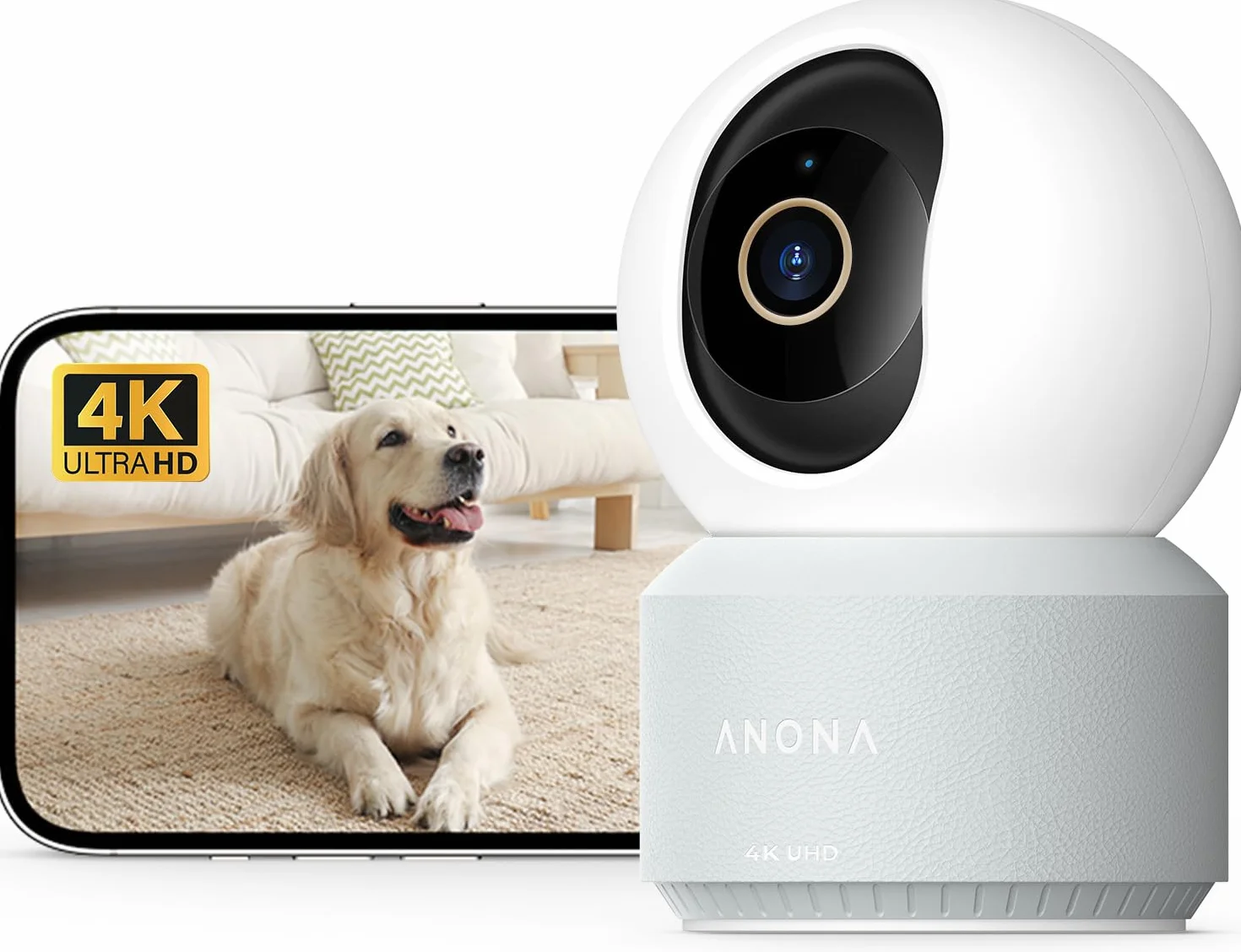Anona Pano Kamera wewnętrzna 4K UHD, kamera bezpieczeństwa dla zwierząt domowych/psów/niemowląt z aplikacją na telefon, pochylenie 360°, dwuzakresowe Wi-Fi 5G/2,4G, automatyczne śledzenie