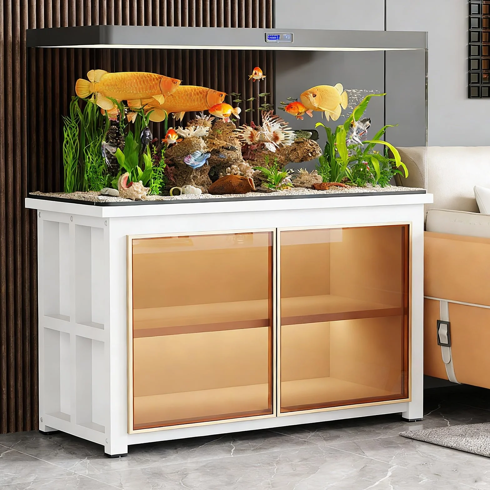 Elegancki biały stojak do akwarium ze złotym wykończeniem - 2-poziomowa szafka do przechowywania akwarium, idealna do nowoczesnego i rustykalnego wystroju (50 x 40 x 70 cm) - stylowe i funkcjonalne