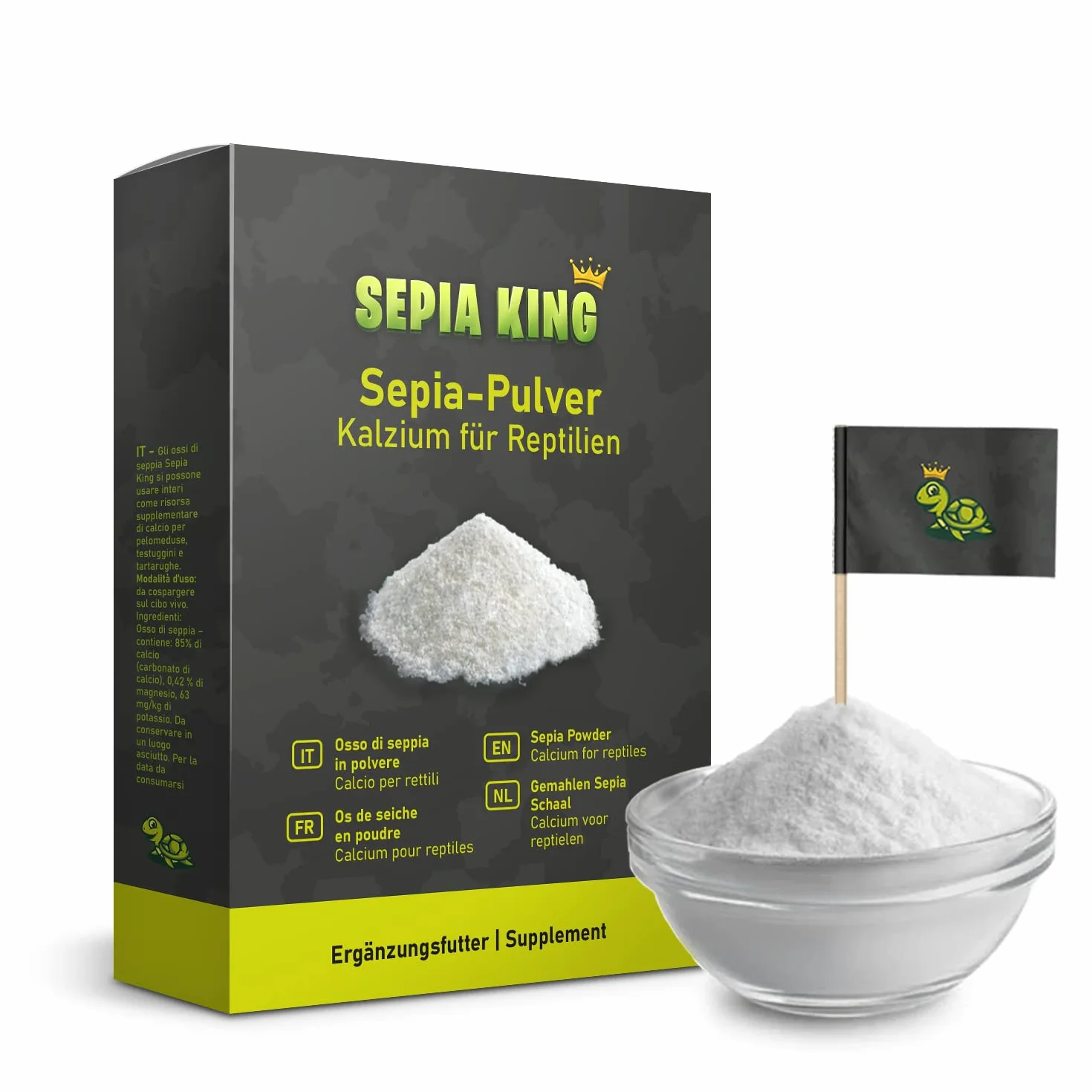 Sepia King - Sepia w proszku – wapń dla żółwi, bartagamy, gadów – mielone łupiny sepia – pokarm, owady – wapno paszowe, wapienne terrarium – 50 g
