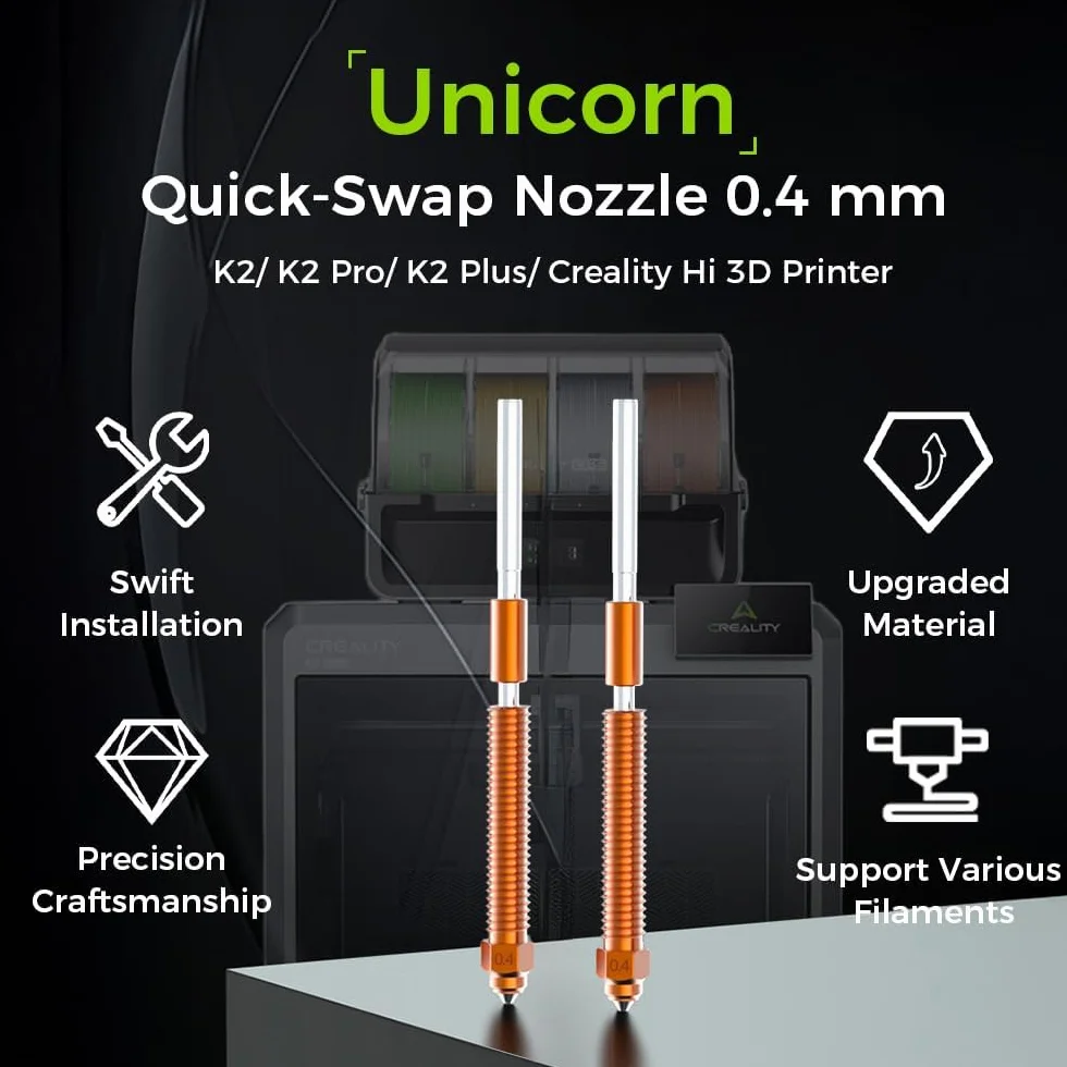 Creality K2 Plus/Hi Combo dysze Unicorn K2 Hotend zestaw wymiennych dysz ze stopu tytanu miedzi stali hartowanej 2szt. 0,4 mm