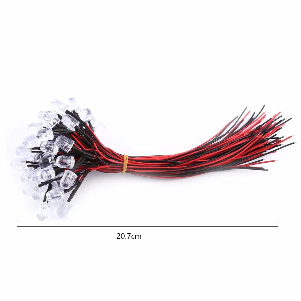 Walfront Diody świetlne LED DC 9-12 V, 50 szt. 3/5/10 mm z okablowanymi diodami LED 20 cm (białe, 10 mm)