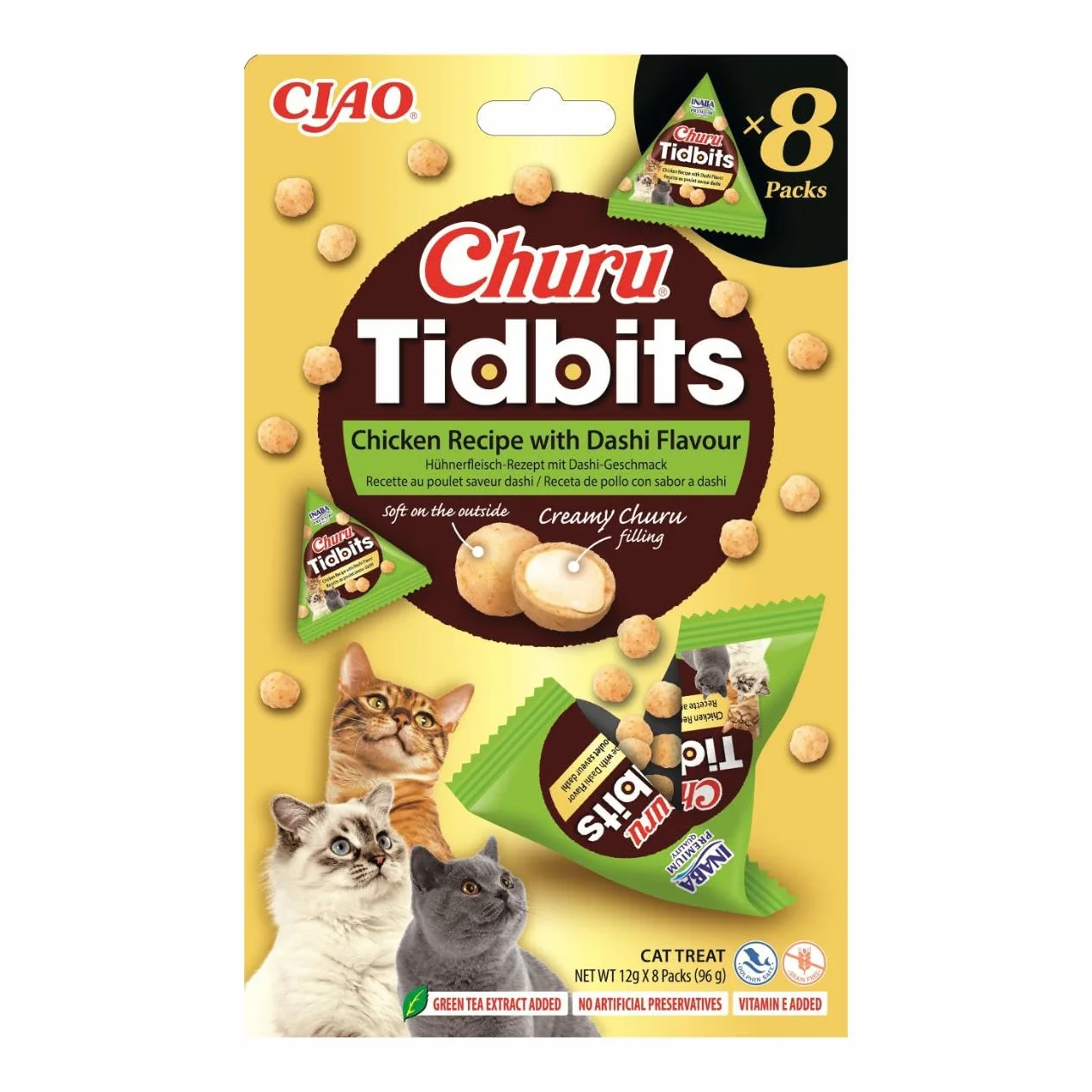 INABA Churu Tidbits przysmaki dla kotów, z wysokiej jakości składnikami, bogate w wilgoć i białko, niskokaloryczne, bez zbóż i cukru, 96 g