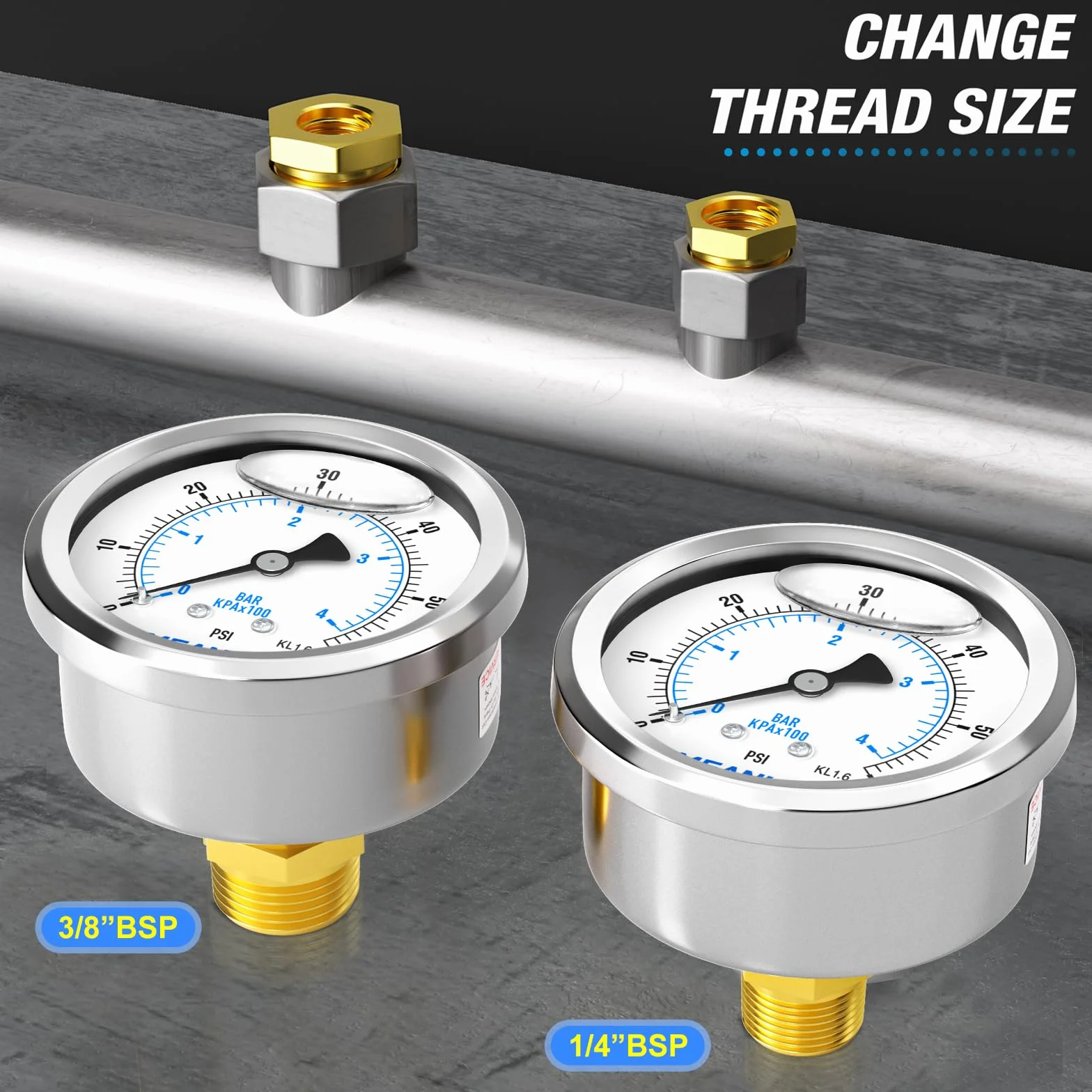 MEANLIN MEASURE 0~4 BAR/0~60 PSI manometr z płynem, stal nierdzewna 1/8" BSP 2,5" Face DIAL, WOG woda-olej-powietrze, montaż z tyłu, z gniazdem sześciokątnym 1/4" BSP i gniazdem sześciokątnym 3/8" BSP