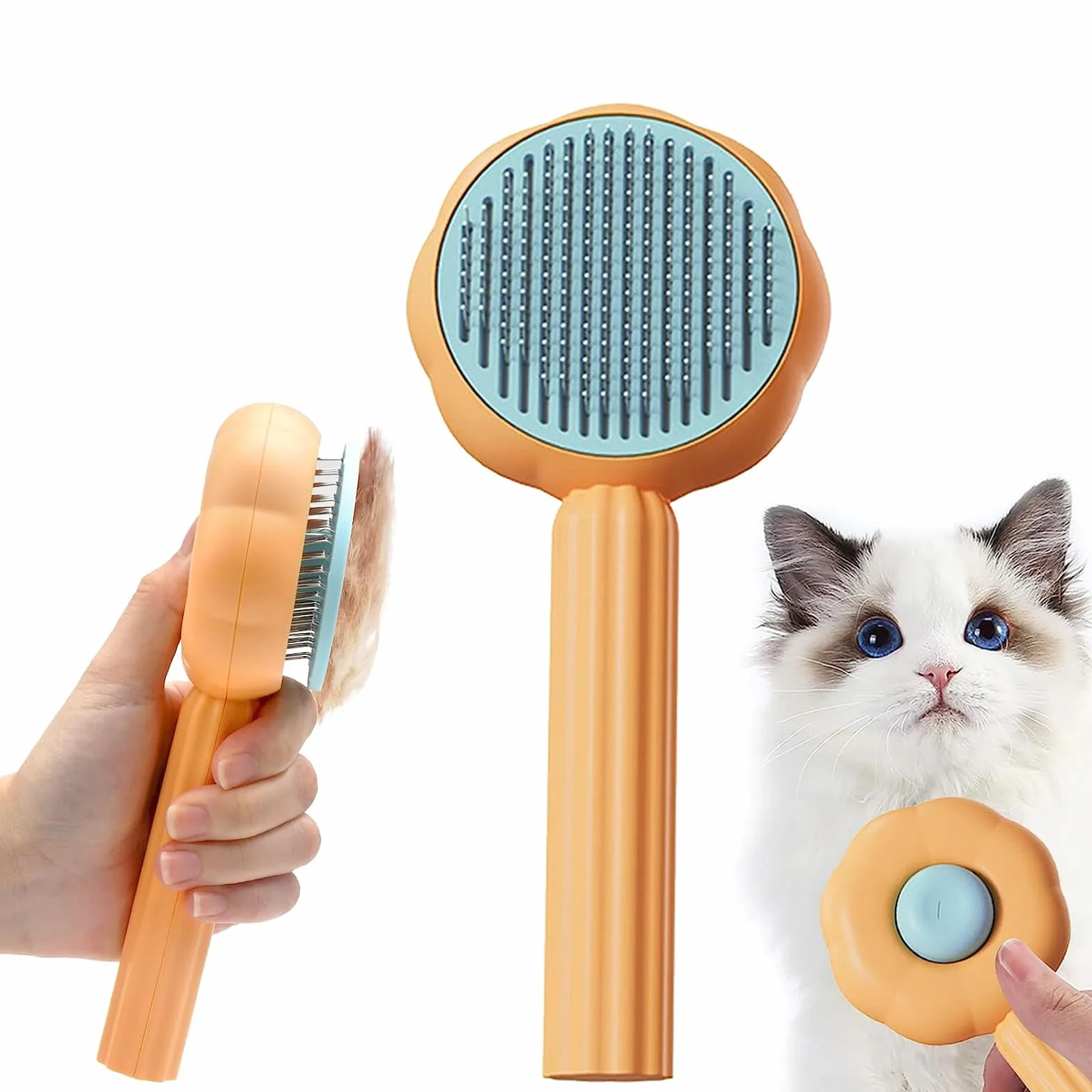 Szczotka samoczyszcząca do depilacji, Clean Pet Hair with One Click, szczotka do czyszczenia sierści zwierząt domowych, szczotka dla kotów, nadaje się do krótkich, długich, kręconych włosów (pomarańczowa)