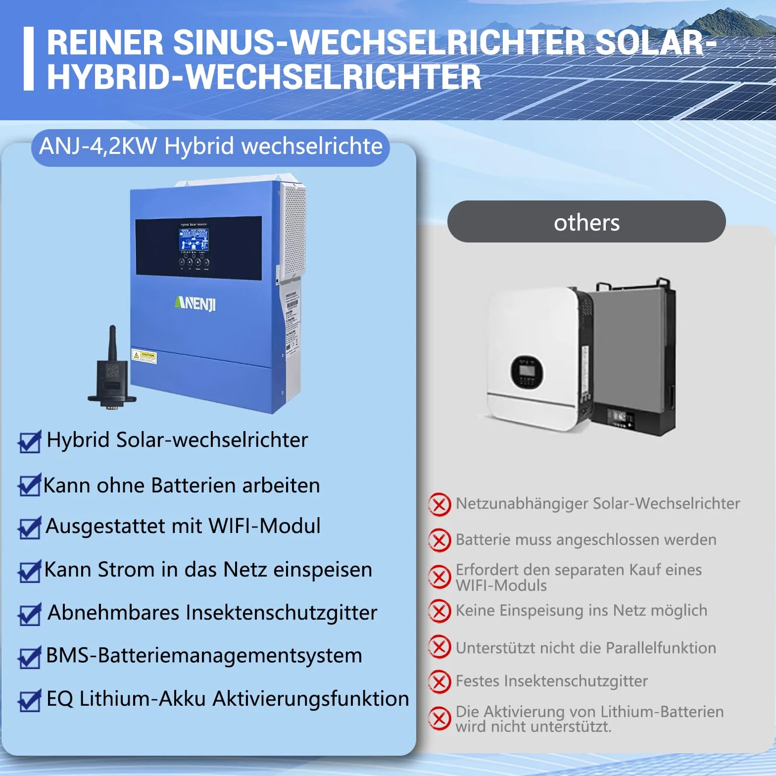 Solarny falownik hybrydowy 4.2KW 24VDC 230VAC MPPT 100A 500V WiFi