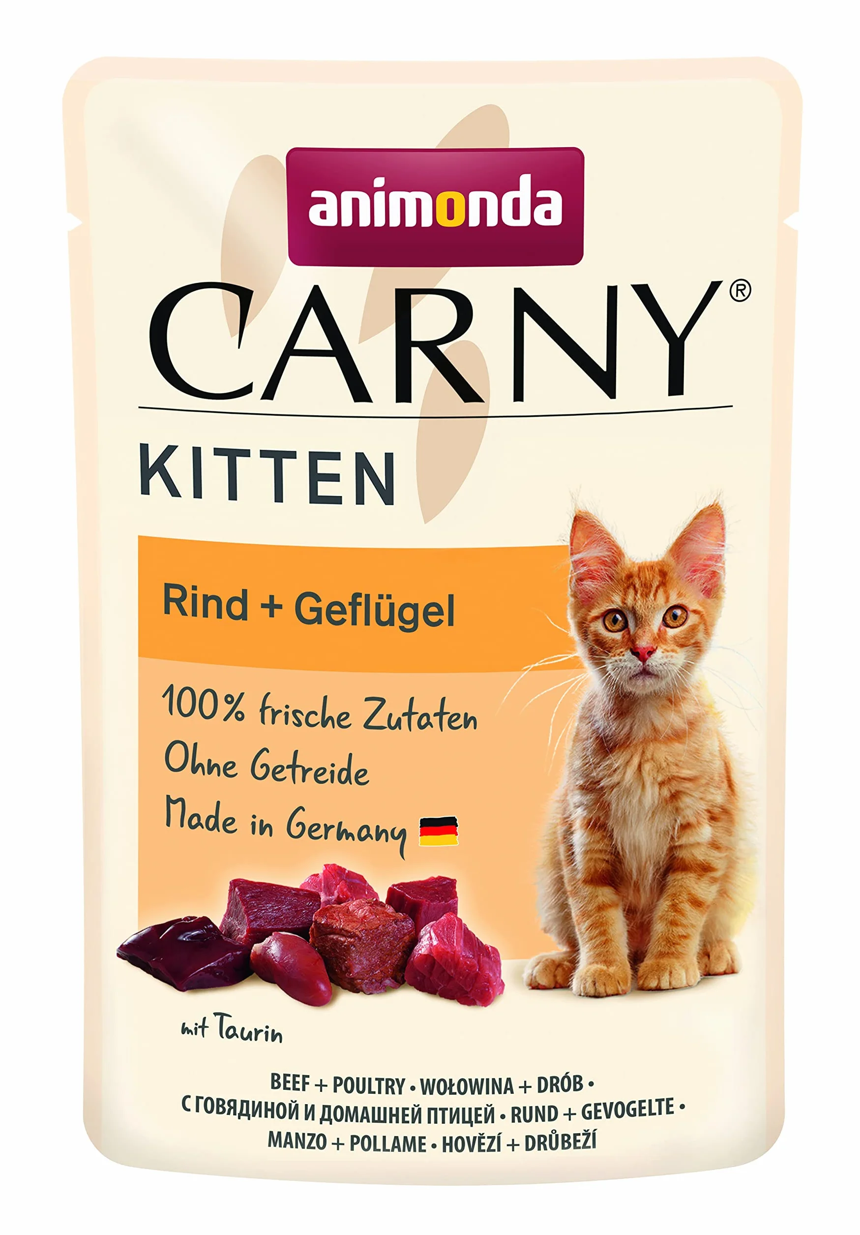 animonda Carny Kittenmokra karma dla młodych kotów, Pouch mokra karma dla młodych kotów do 1 roku, wołowina + drób, 12 x 85 g
