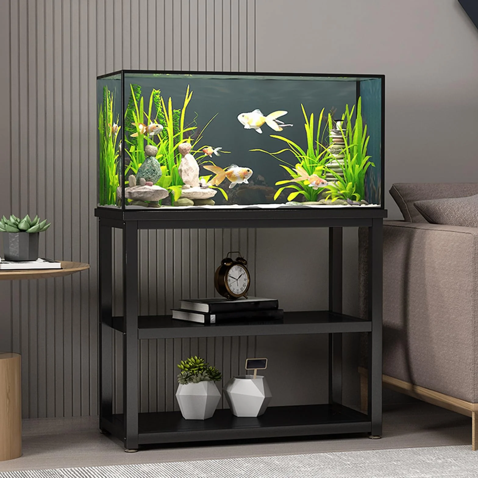 Wielopoziomowy stojak do akwarium, stojący, o dużej nośności, odpowiedni do terrarium dla gadów (czarny, 60 x 30 cm / 23,6 x 11,8 cala)