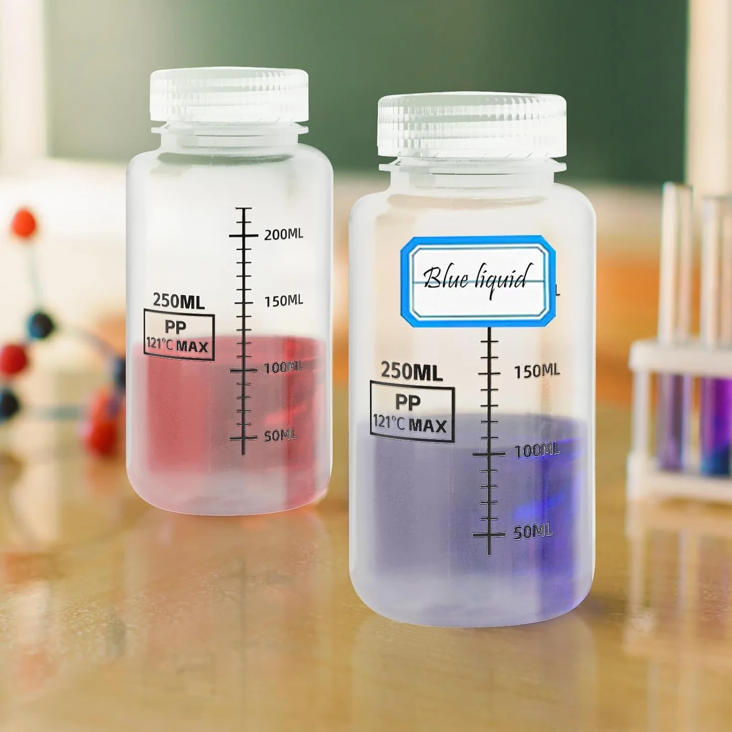 2 butelki z szeroką szyjką 250 ml – butelki laboratoryjne PP z zakrętką, skalą i etykietami, przechowywania środków chemicznych i płynów