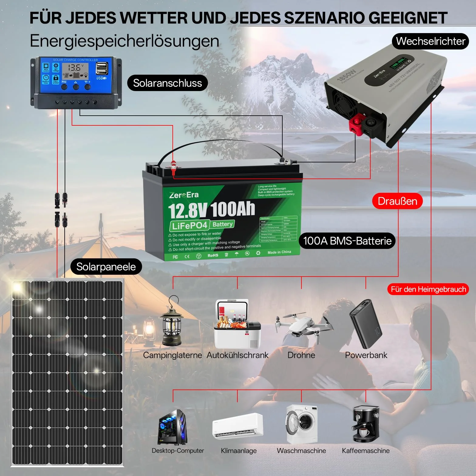 LiFePO4 bateria 12 V 100 Ah, bateria litowa 1280 Wh z ochroną przed niską temperaturą BMS 1000 A, głęboki cykl 10000-15000, obsługuje przełączanie szeregowe/równoległe do przechowywania w gospodarstwie domowym, morski (1 x 12 V 100 AH)