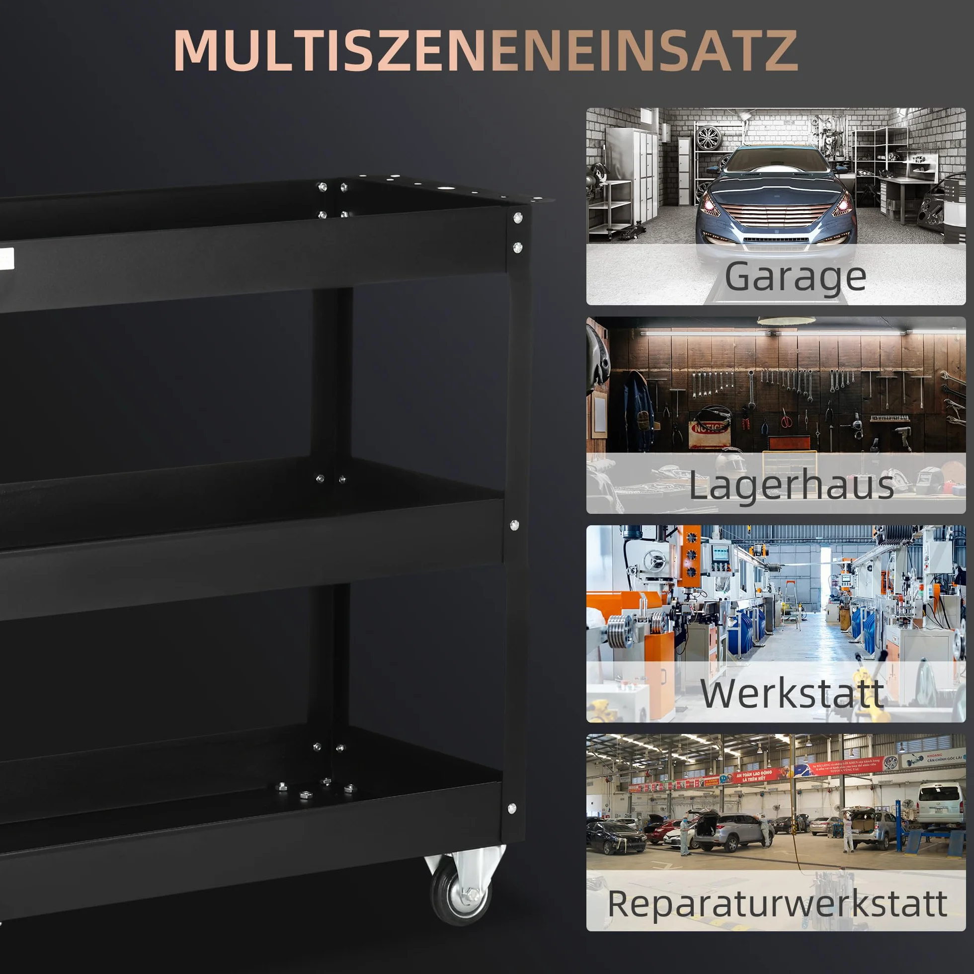 DURHAND Wózek warsztatowy z 3 poziomami, wózek narzędziowy, pusty wózek transportowy z bocznym uchwytem, 4 kółka, nośność do 150 kg, stal, 83 x 35,3 x 76 cm, czarny