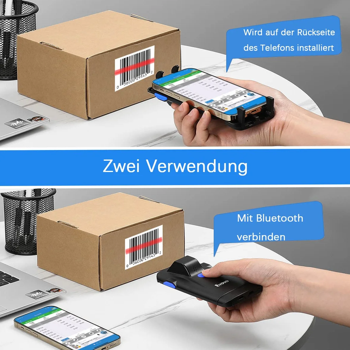 Czytnik kodów kreskowych Bluetooth 2D, Klip Skaner Retro Przenośny Akumulator Bezprzewodowy 3-w-1 USB do zarządzania zapasami Magazyn Szczegóły dla Telefonu z systemem Android, IOS