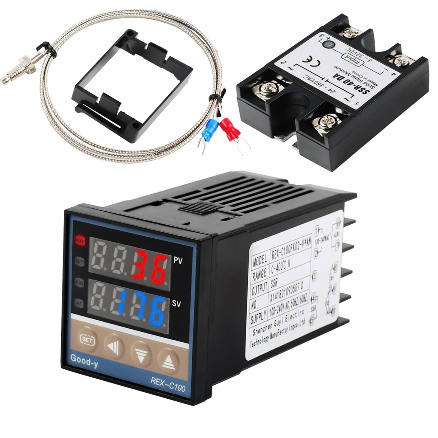 Zestaw cyfrowy regulator temperatury REX-C100 LED PID, termostat z termoparą typu K, przekaźnik wejściowy czujnika, wyjście SSR (0-400 ℃)