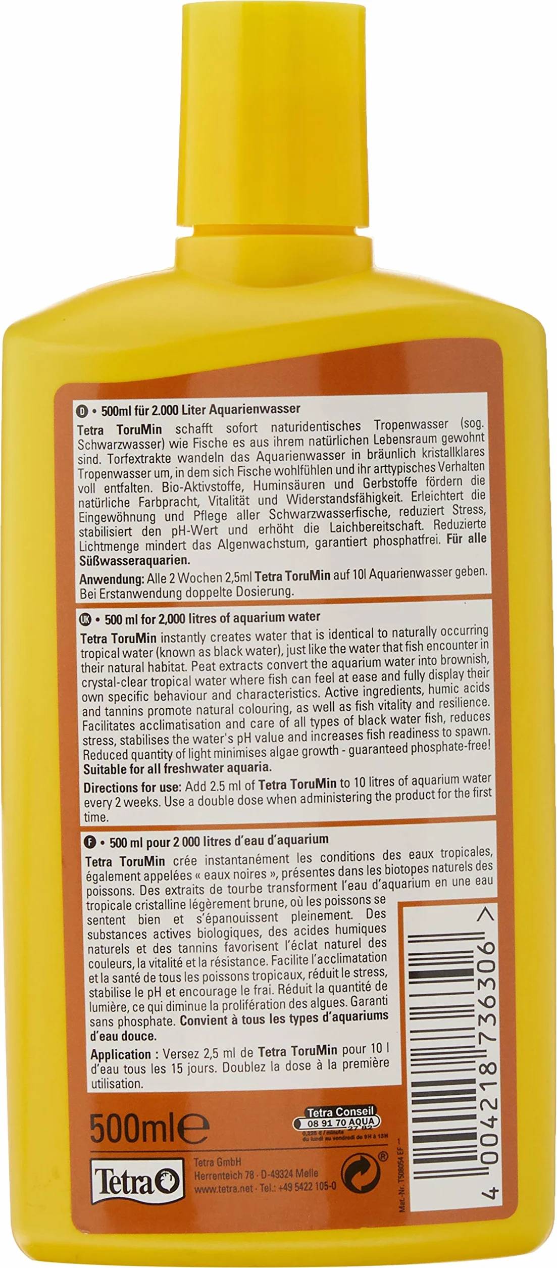Tetra ToruMin do wody identycznej z naturą - dodaje naturalne ekstrakty torfu, nadaje się do akwariów słodkowodnych, butelka 500 ml