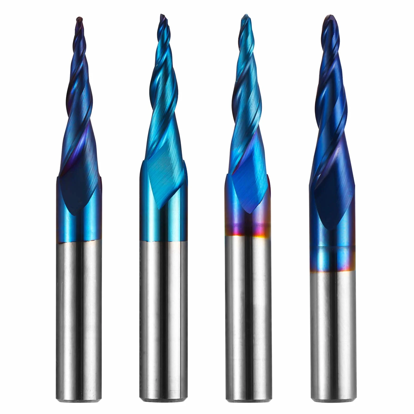 Genmitsu Frez spiralny z noskiem kulowym, 4 szt., 2-punktowy, z nano-niebieską powłoką z węglika wolframu, wiertła do frezowania CNC do grawerowania 2D i 3D, R0.25-1.0, chwyt 1/4", TB04B