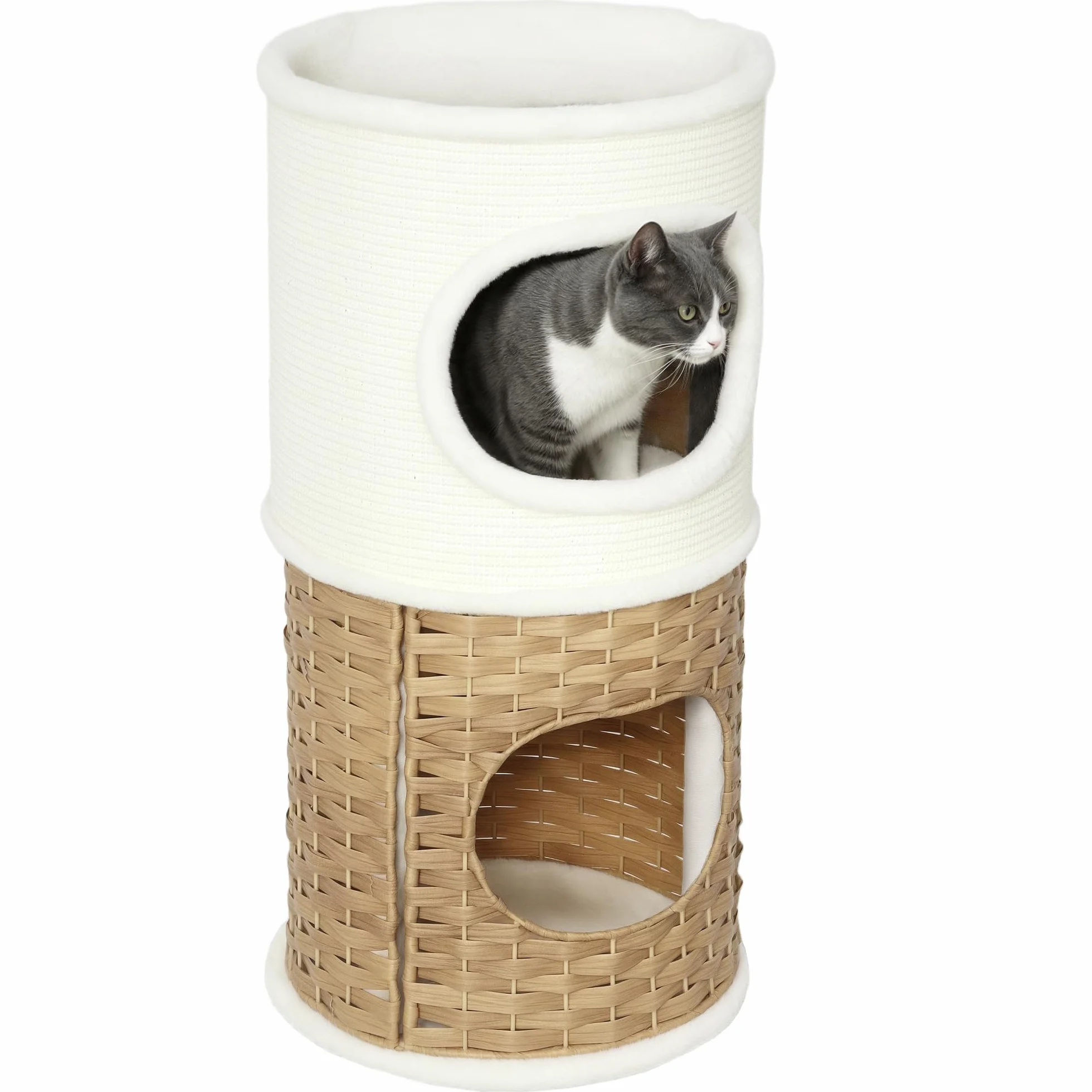 PawHut Domowa budka dla kota z 3 poziomami, wieża dla kota z otwartą górną tacą, beczka do drapania z sizalu dla zwierząt poniżej 6 kg, Ø 40 x 80 cm, kremowa
