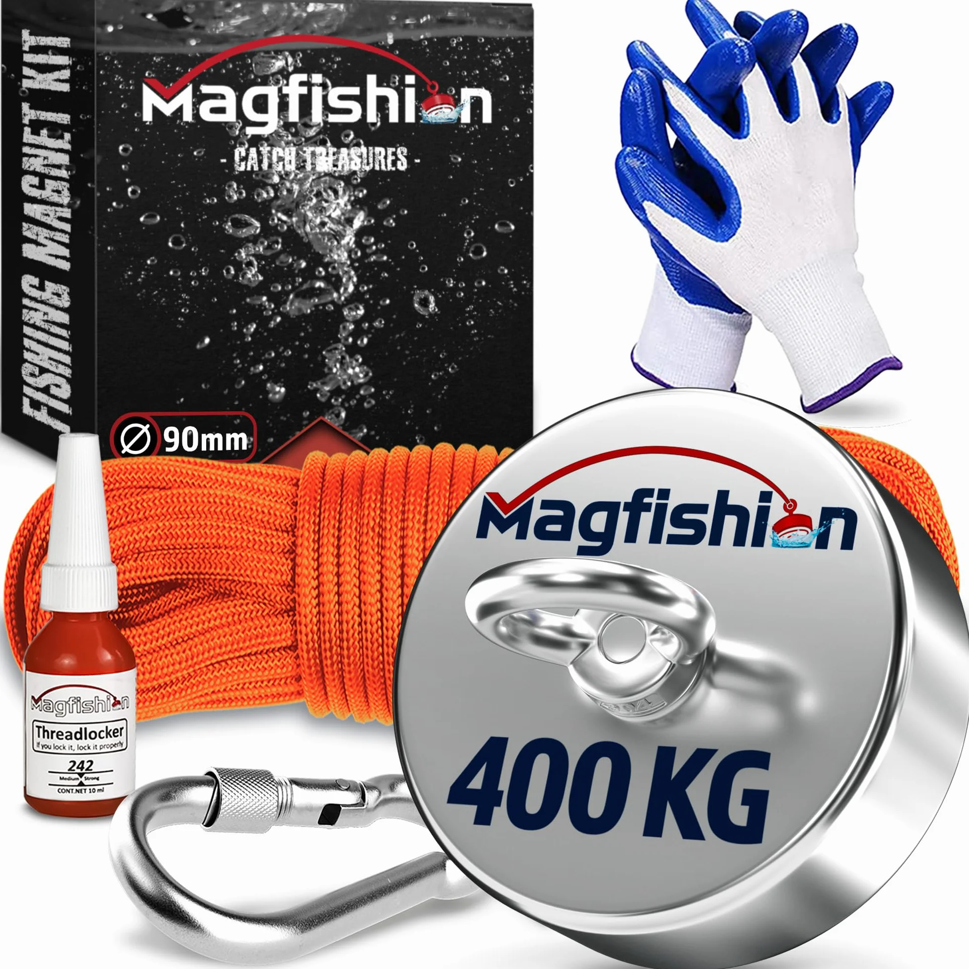 MAGFISHION Zestaw do Magnetycznego Wędkarstwa 400KG Ø90mm Magnes Neodymowy z Liną 20M i Rękawicami