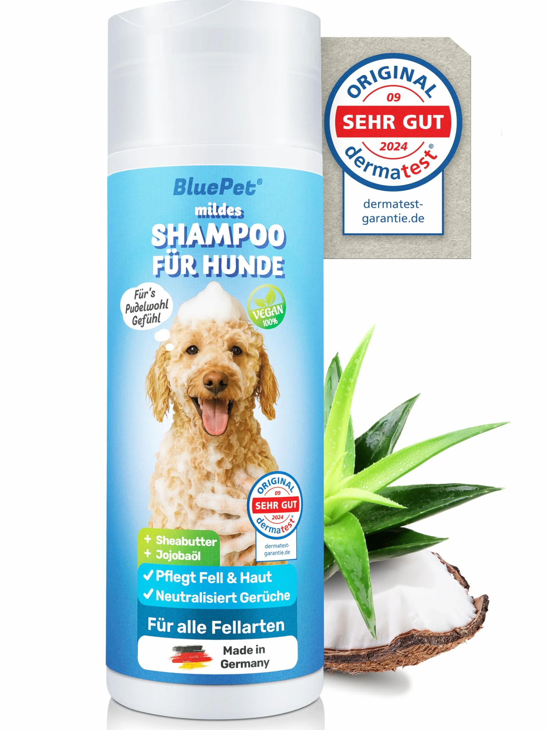 BluePet Łagodny szampon dla psów przeciwko swędzeniu, zapachom i brudowi 200ml - Natłuszczający i pH-neutralny - Dla wszystkich ras psów, długowłosych i białego futra + Z aloesem i olejem jojoba
