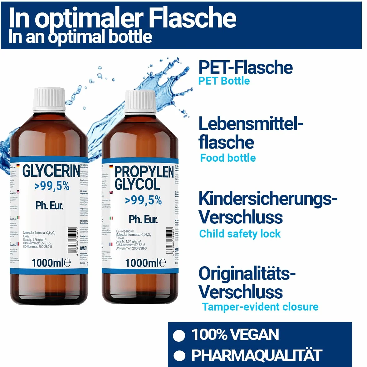 1000ml gliceryna + 1000ml glikolu propylenowego jakości farmaceutycznej | >99,5% | Czysty | E422 + E1520 DIY