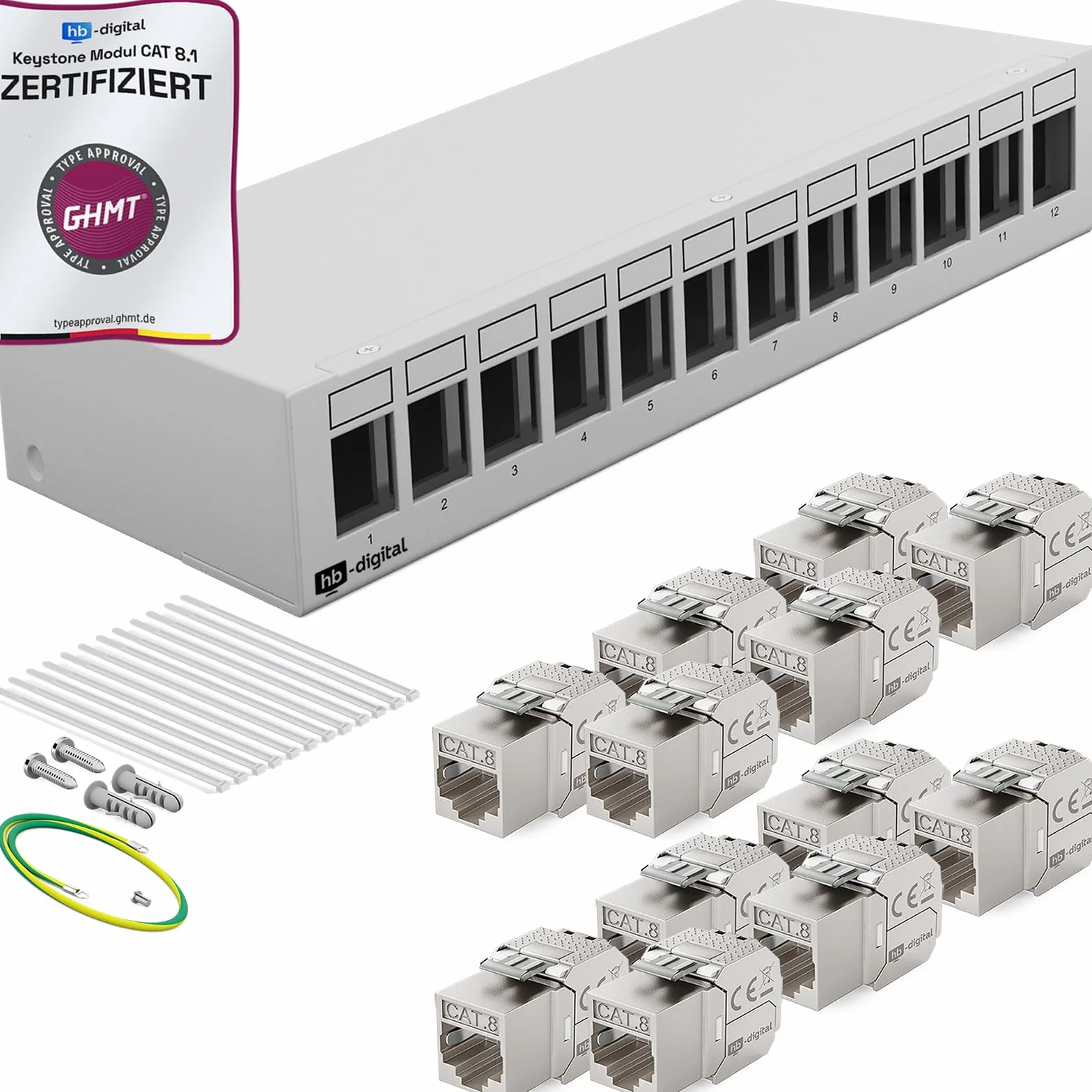 HB-DIGITAL Zestaw: 12-portowy panel krosowy obudowa do modułów Keystone + 12 x Cat.8 Keystone RJ45 gniazdo Jack do instalacji sieciowej kompatybilne z kablem instalacyjnym LAN Ethernet | Jasnoszary