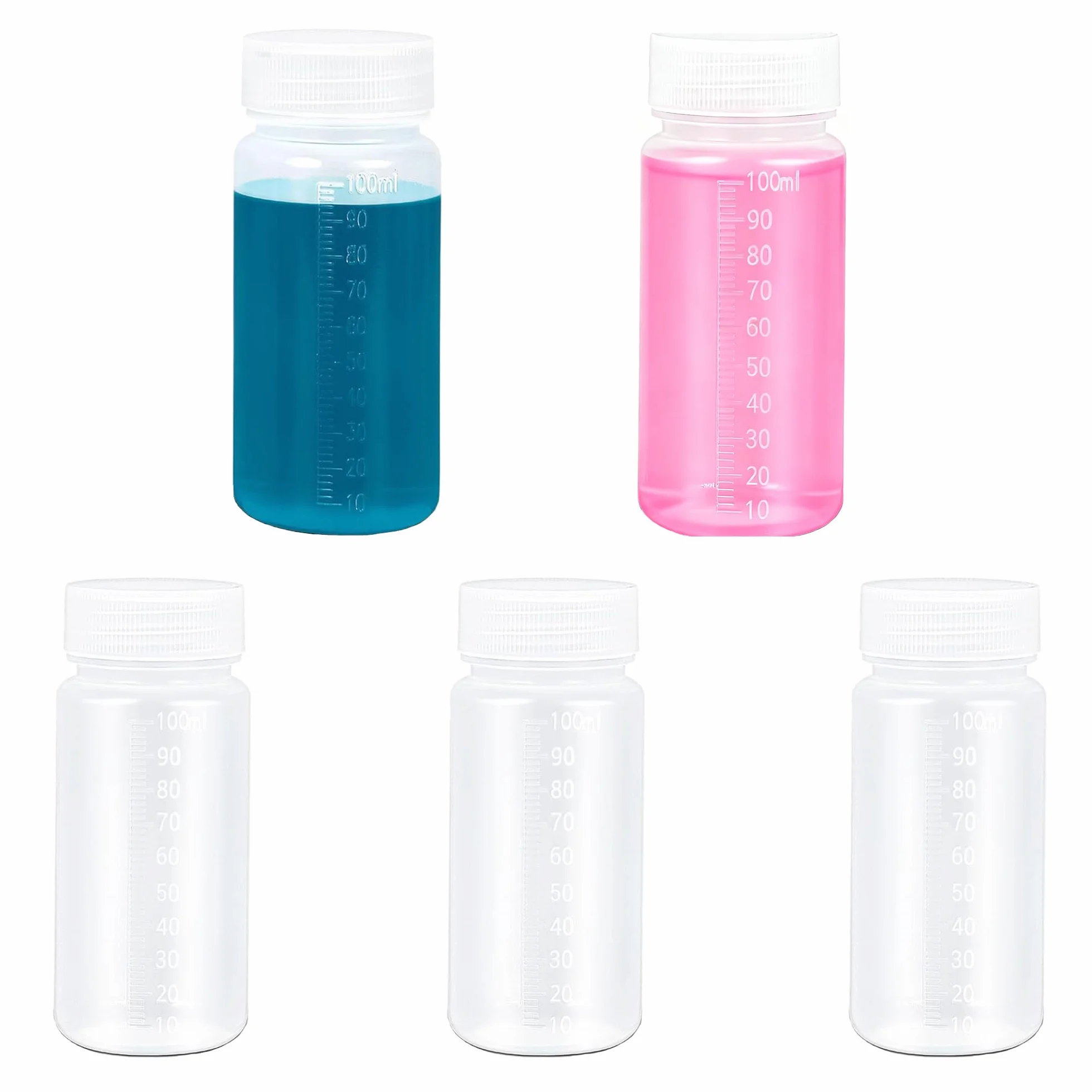 Plastikowe butelki laboratoryjne 100 ml z szerokim otworem i skalą, hermetyczna pokrywka, 5 sztuk