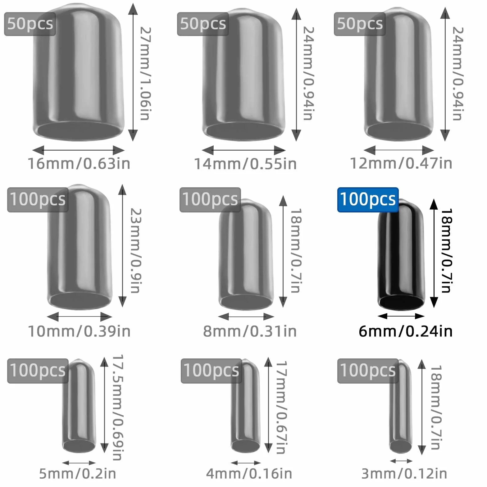 100 sztuk gumowych zaślepek 6 mm / 0,24 cala PVC okrągłe zaślepki drutowe czarne do butelek 5,5-7 mm rury gwintowane śruby ochronne krzesło noga śruba