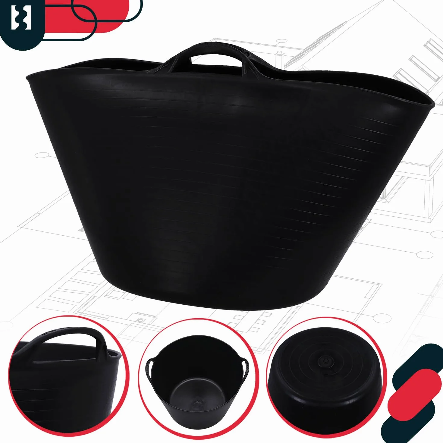 KOTARBAU® Elastyczny gumowy koryto 42 l, czarne, z uchwytami do noszenia, uniwersalny kosz ogrodowy