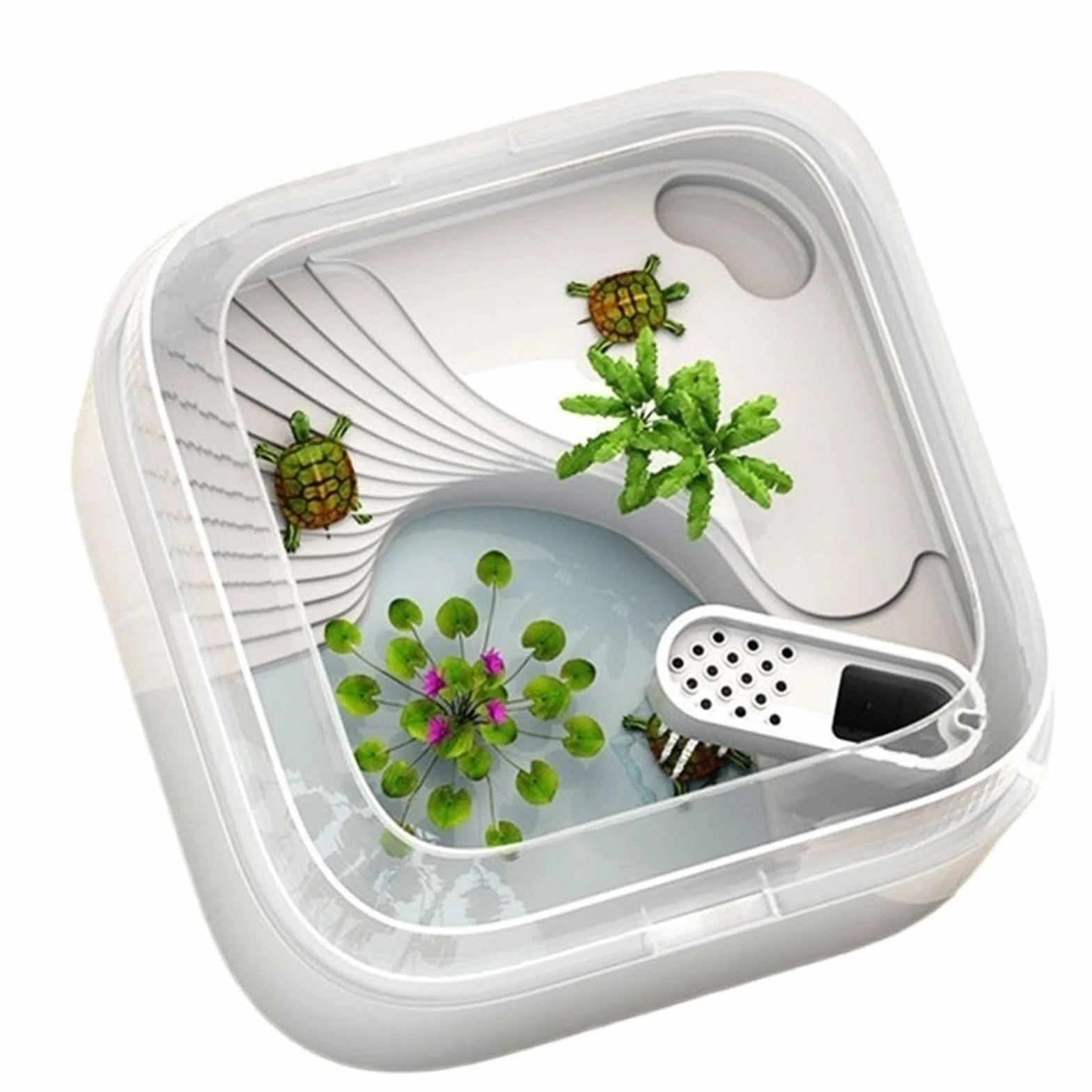 Siedlisko terrarium Kwadratowy zbiornik do karmienia żółwi i proste gospodarstwo domowe z platformą suszenia na słońcu filtrem Terrarium akwariowe(Średni)