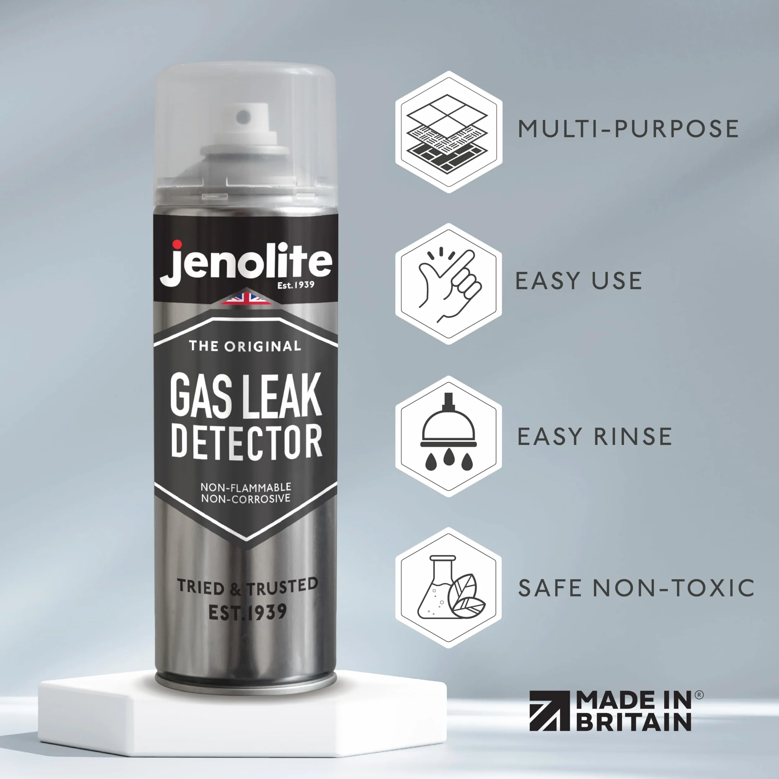 JENOLITE Spray do wykrywania wycieków gazu, 400 ml, niepalny i niekorozyjny, wykrywa wycieki w ogrzewaniu, kanalizacji, klimatyzacji i nie tylko, certyfikat DVGW