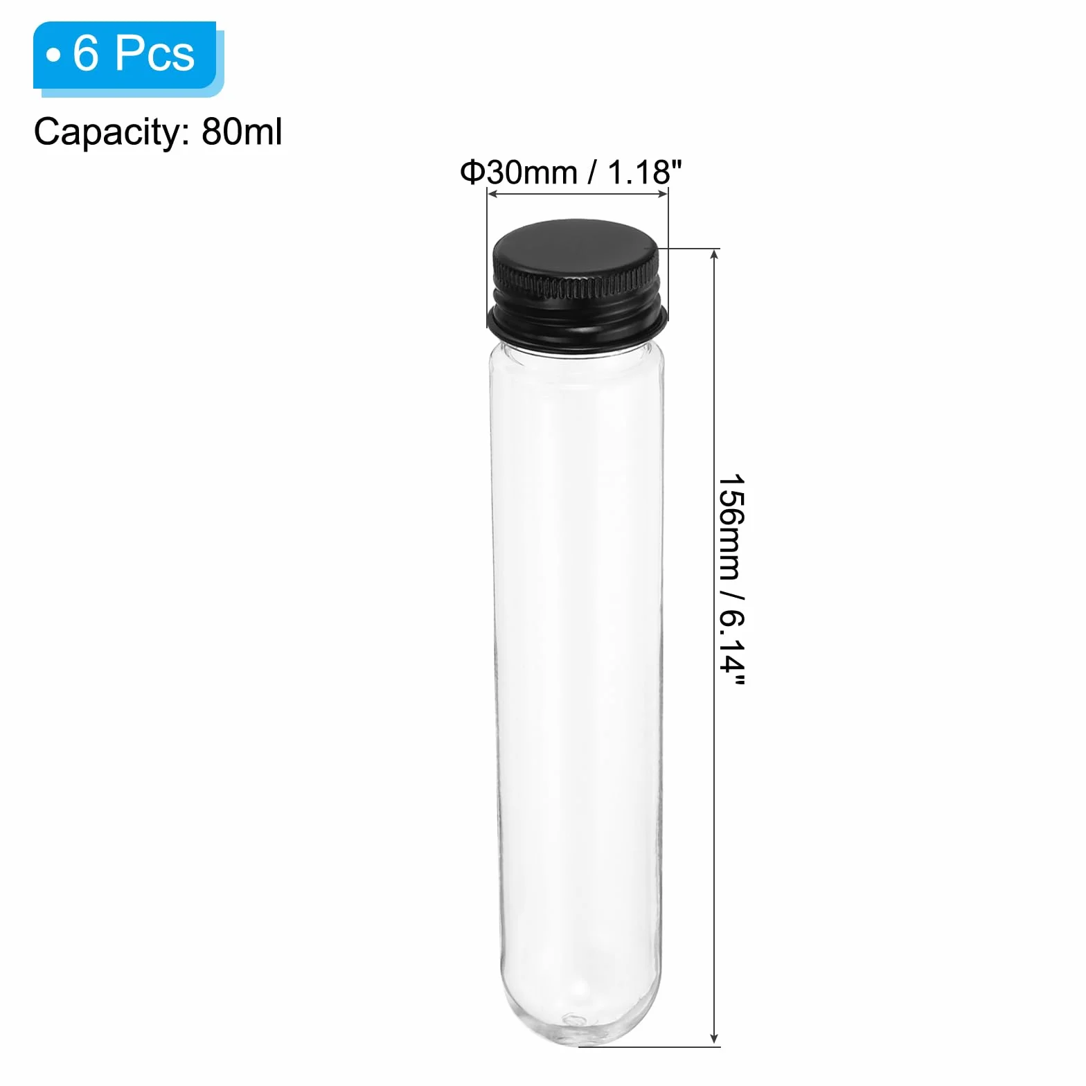 PATIKIL 80 ml, plastikowe probówki z zakrętkami, 6 szt., 156 x 30 mm, do naukowej dekoracji imprezowej, przechowywania koralików cukierkowych, czarne