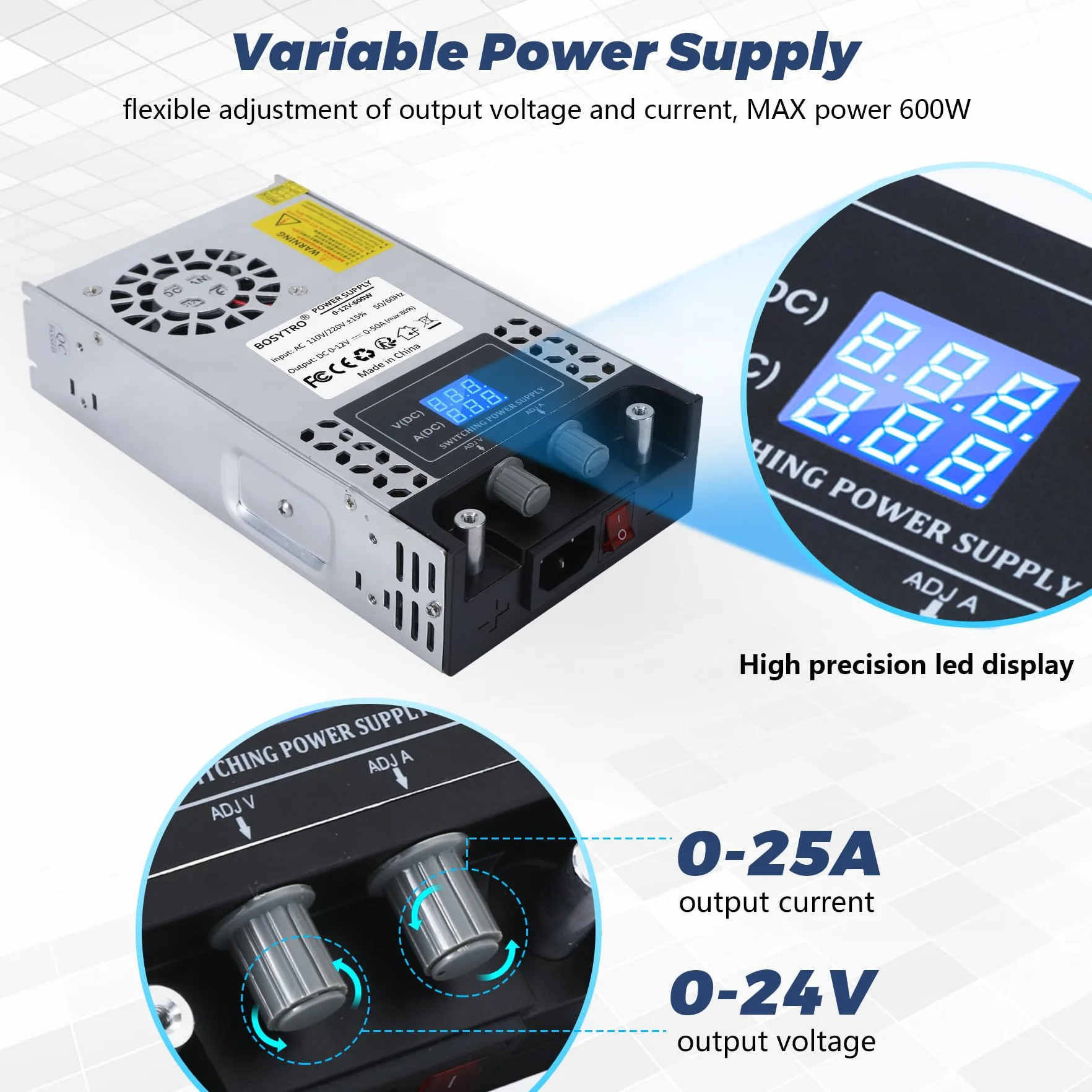 Regulowany zasilacz impulsowy 0-24 V 0-25 A 600 W 230 V SMPS do taśm LED