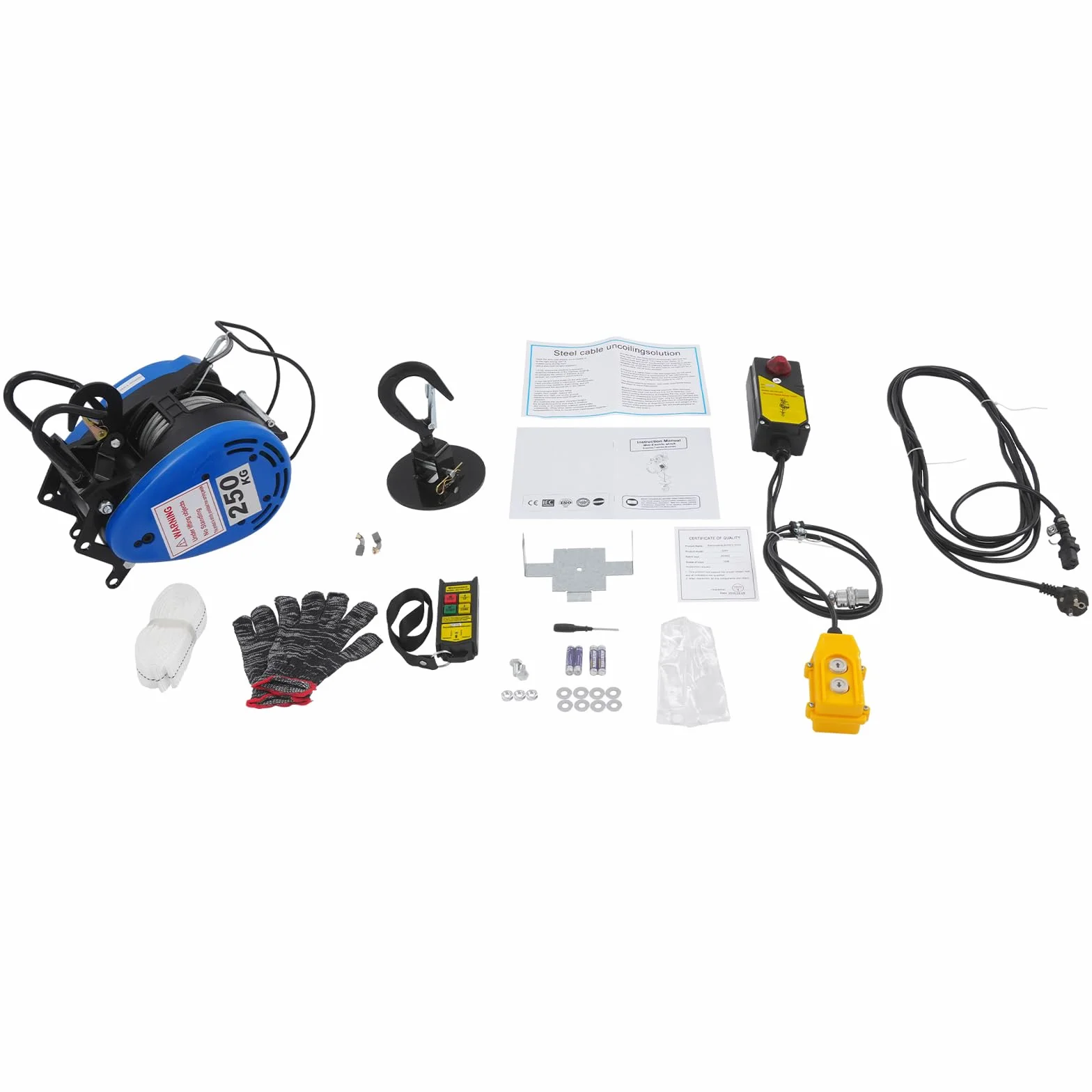 Mobilna wciągarka elektryczna 230 V, 250 kg, nośność 19 m/min, bezprzewodowy pilot zdalnego sterowania (100 m), z bateriami, uchwyt sterujący kablem 1500 W, wysokość podnoszenia 29 m, linka druciana