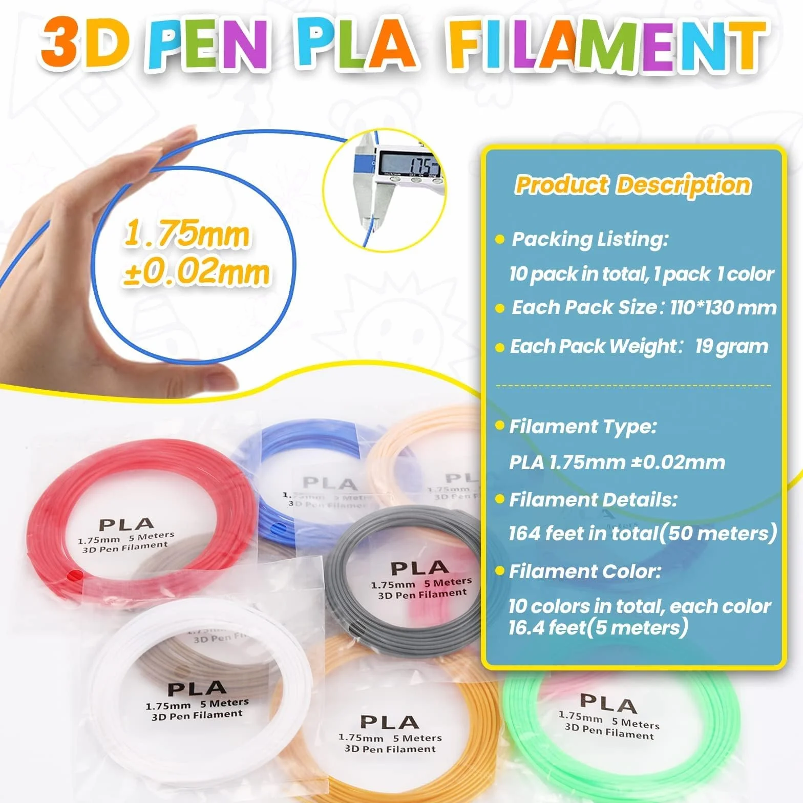 Pióro 3D filament 100 m, filament PLA, 1,75 mm, 20 kolorów, każdy kolor, 5 metrów, łącznie 100 metrów