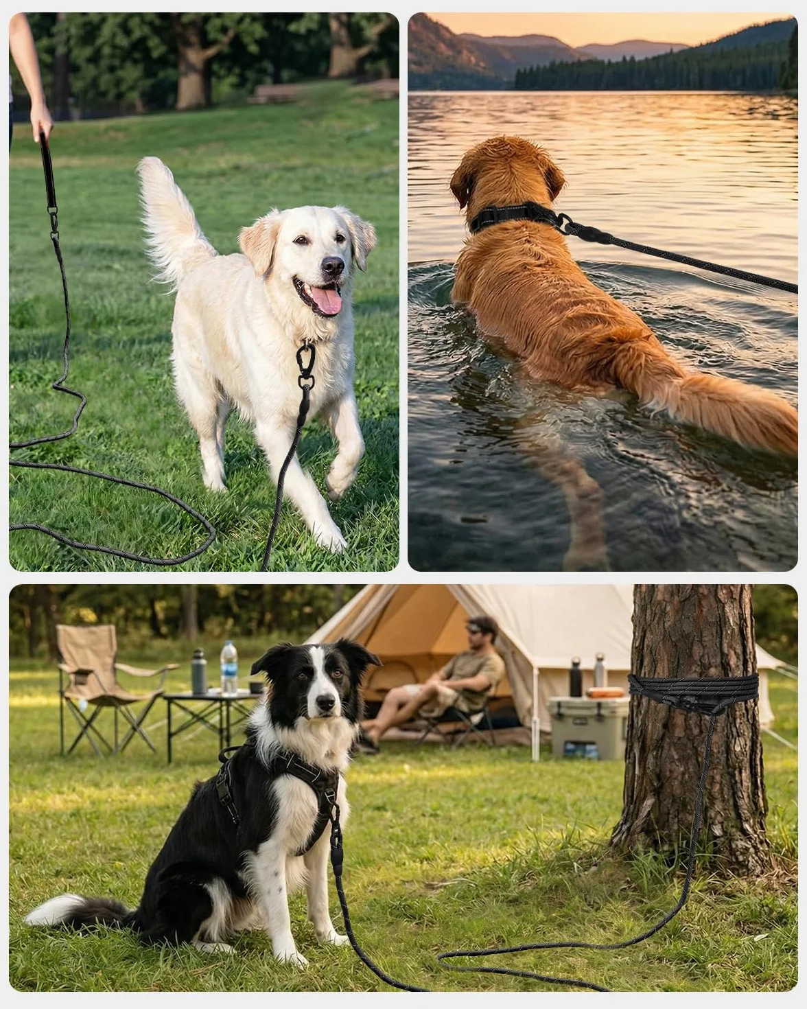 Joytale Smycz treningowa dla psów, wyściełany uchwyt, długa smycz, 5 m, 10 m, 15 m, długość 20 m, smycz do treningu, zabawy, na kemping, podwórko, linka naciągowa, czarna, 5 m