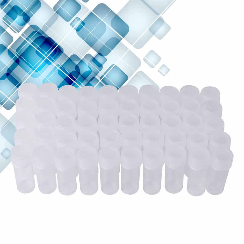 Plastikowe butelki na próbki 5 ml, opakowanie 50 sztuk, przezroczyste probówki naukowe z zakrętką