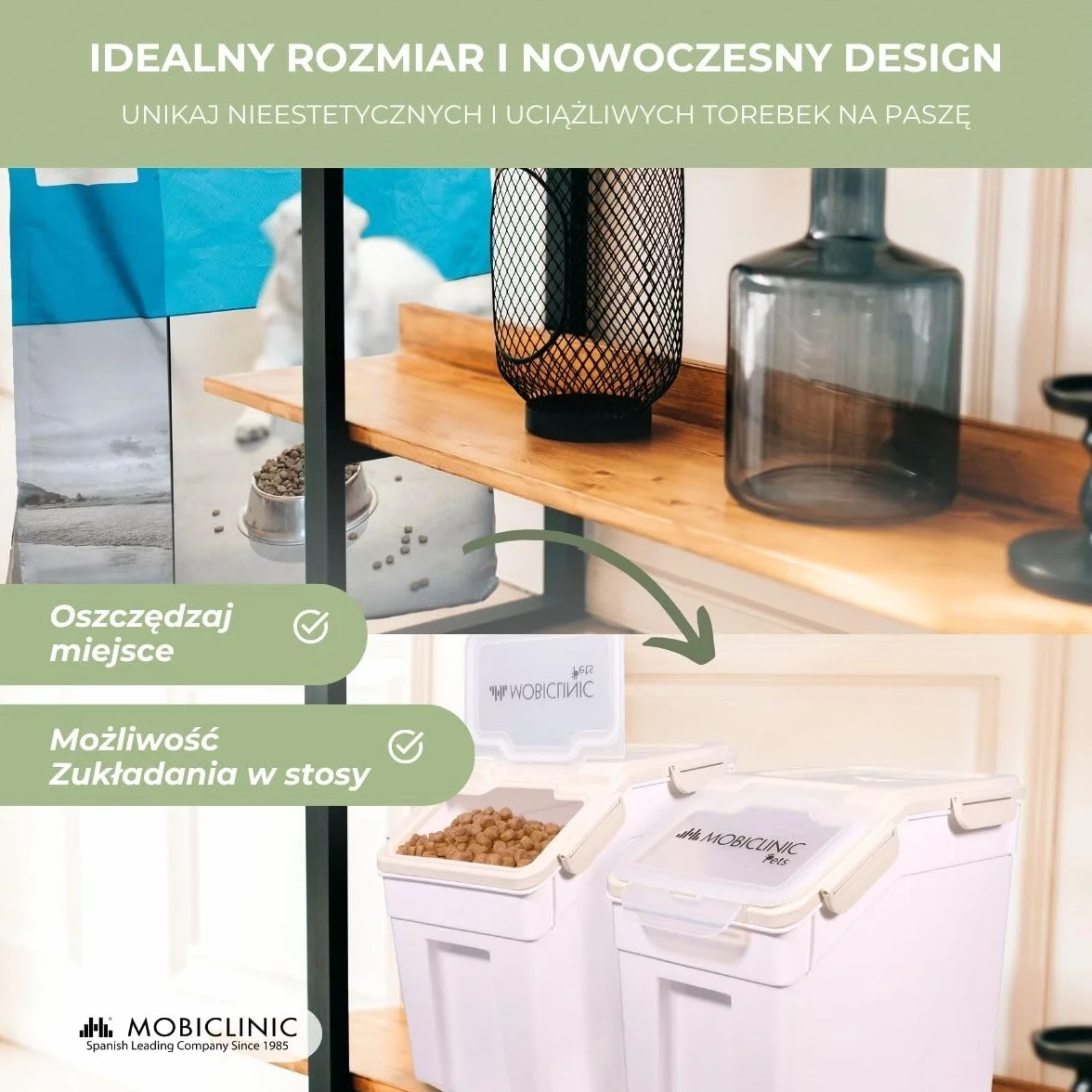Mobiclinic®, Pojemnik na karmę, Dla zwierząt, Feedpet, Pojemność 20L / 8Kg, Hermetyczne zamknięcie, 23x25, 5x36, 5 cm, Zestaw z łopatką i miarką, Kołami, Przezroczyste okno