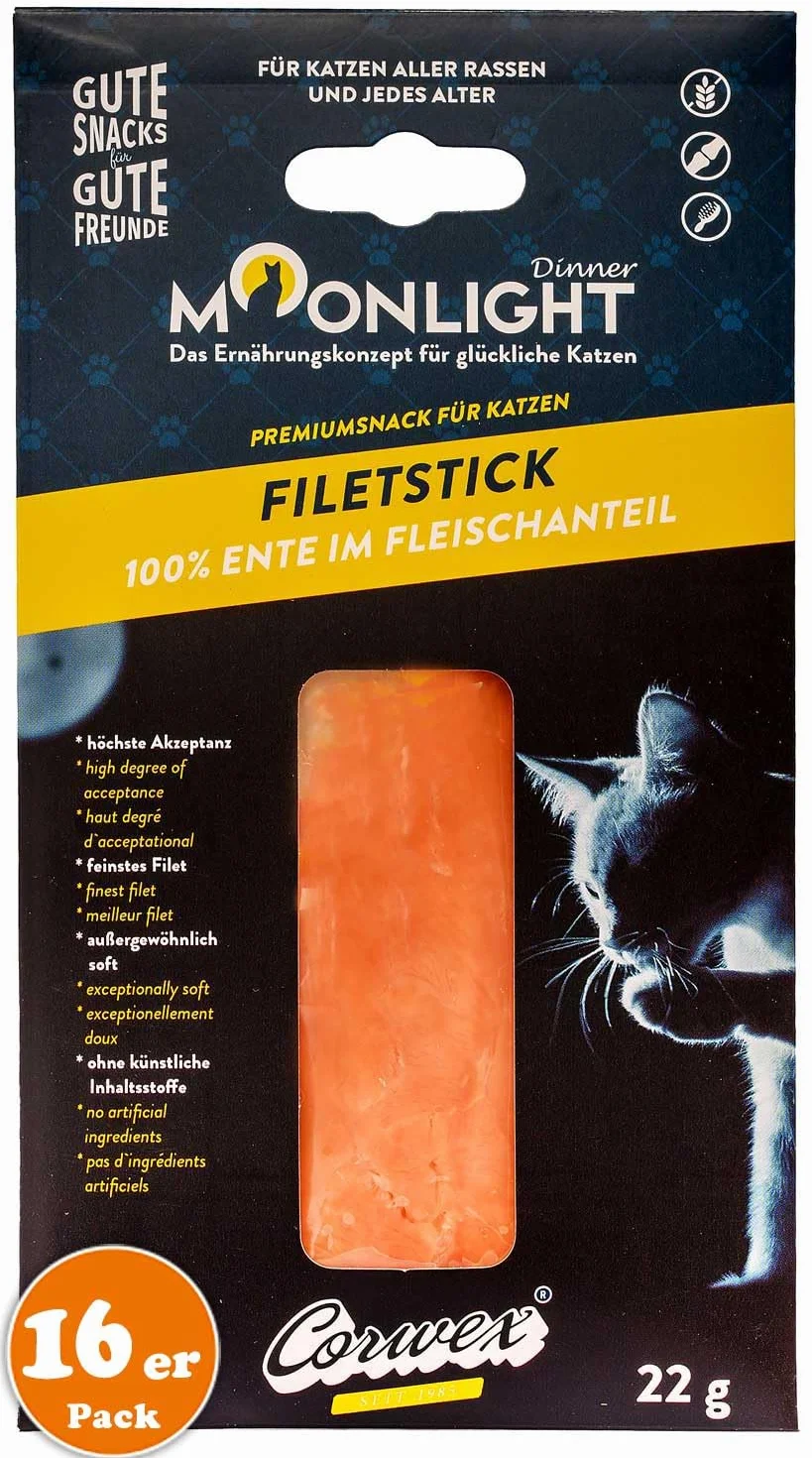 Moonlight przekąska dla kota, filet w sztyfcie (16 x 22 g, kaczka), bez zbóż, 100% kaczka z zawartością mięsa, przysmaki dla kota o wysokiej akceptacji, wyjątkowo miękka