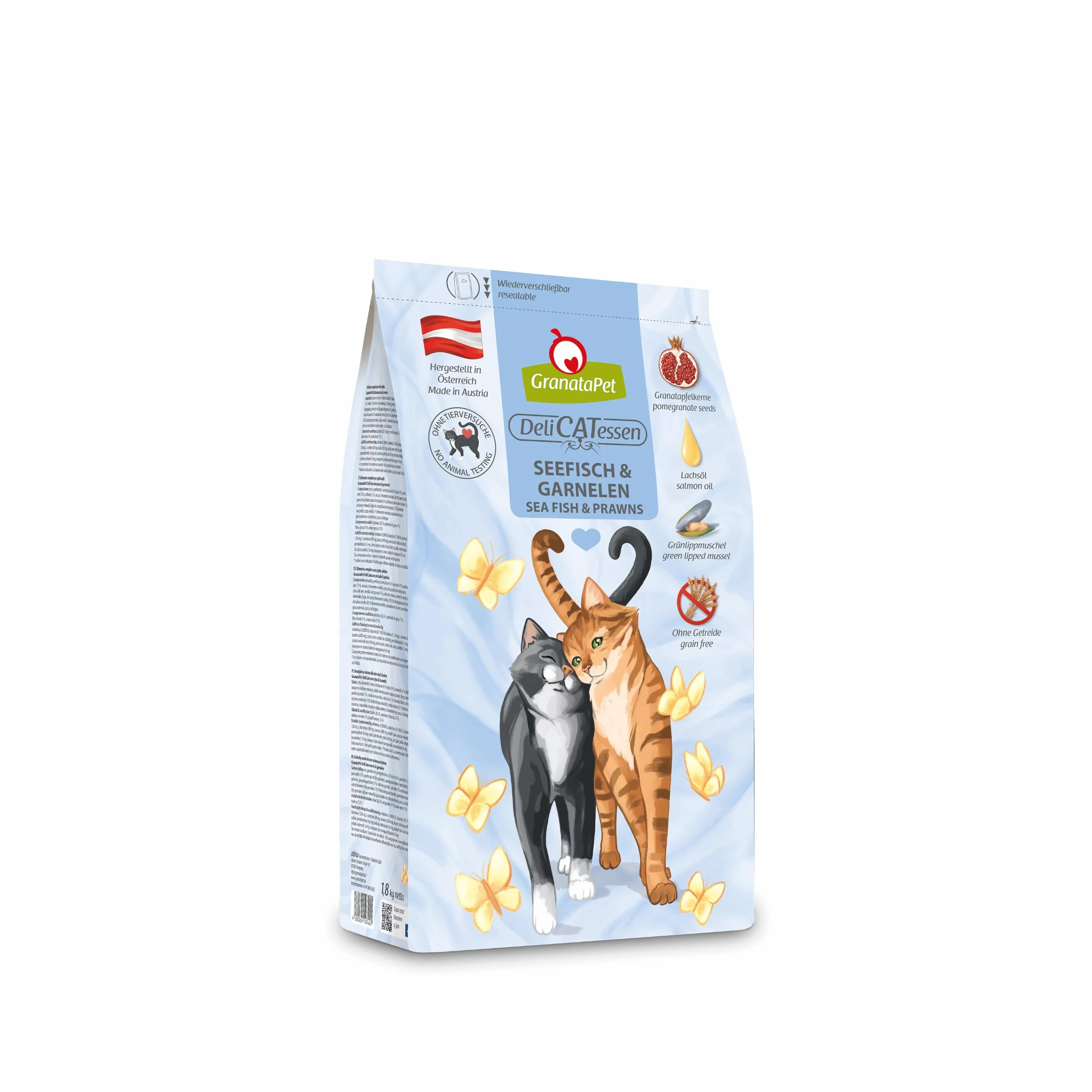 Granatapet Delicatessen Karma dla Kotów, Ryby Morskie/Krewetki, 1800 g | Karma pełnoporcjowa, Bez zbóż, Bez dodatku cukru, Tauryna, Olej z łososia i małża nowozelandzka, Made in Austria