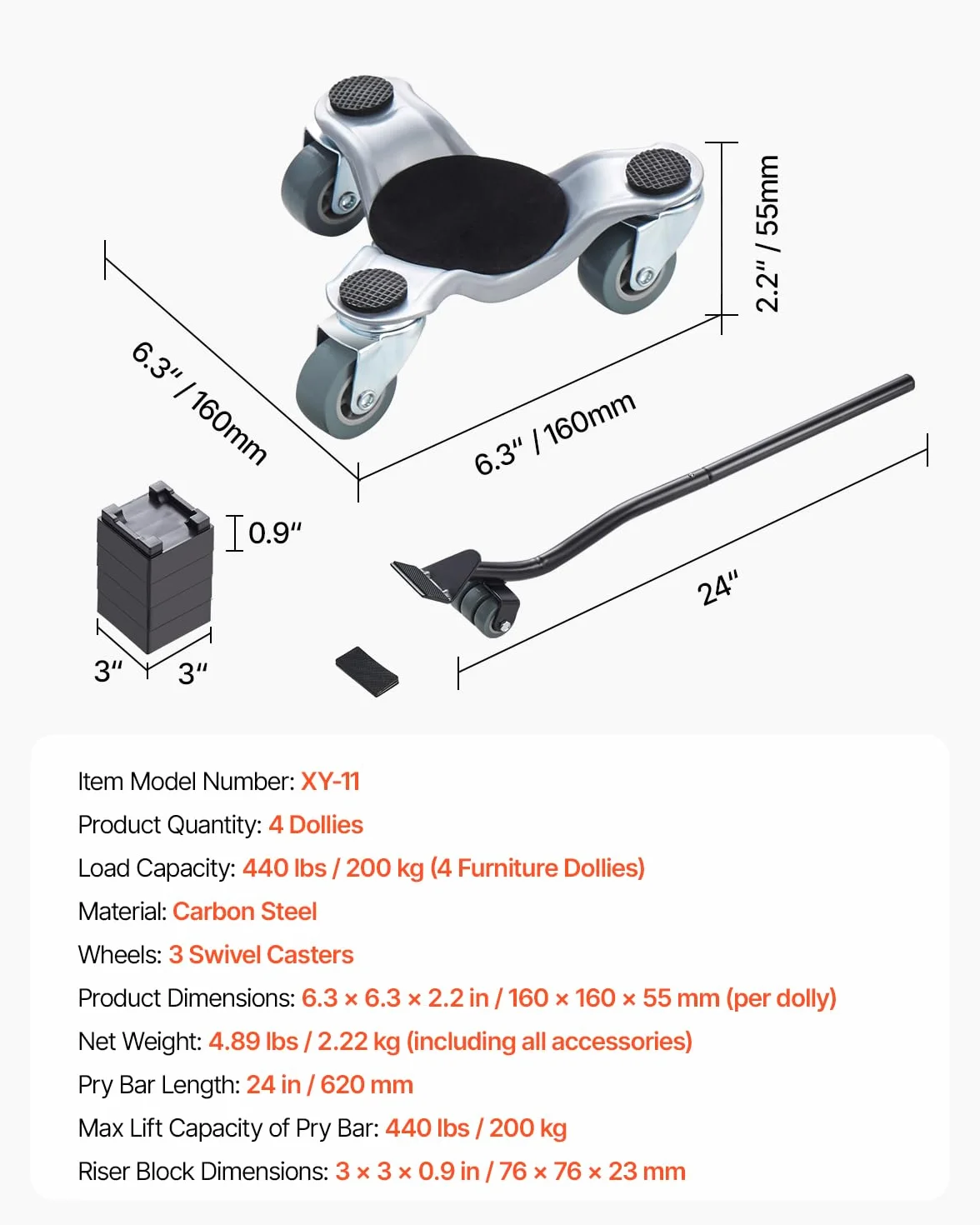VEVOR Wózek meblowy zestaw 4 sztuk 158x158x65 mm udźwig 200 kg 3-kołowy
