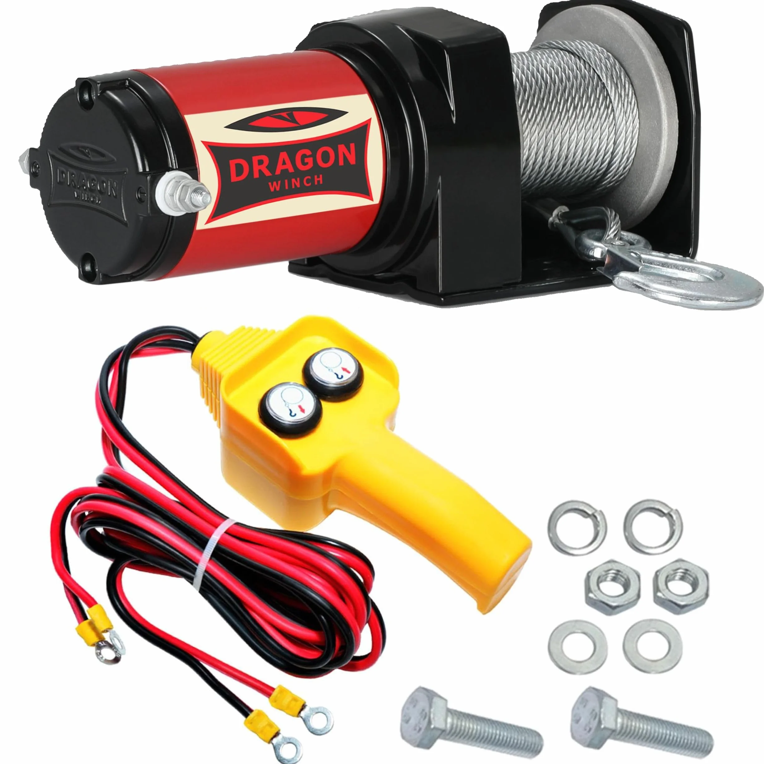 Dragon Winch Wyciągarka elektryczna 12V 2000 lbs/907 kg z liną stalową 10m do ATV, UTV pługów, quadów | w komplecie z pilotem przewodowym + akcesoria | seria Maverick