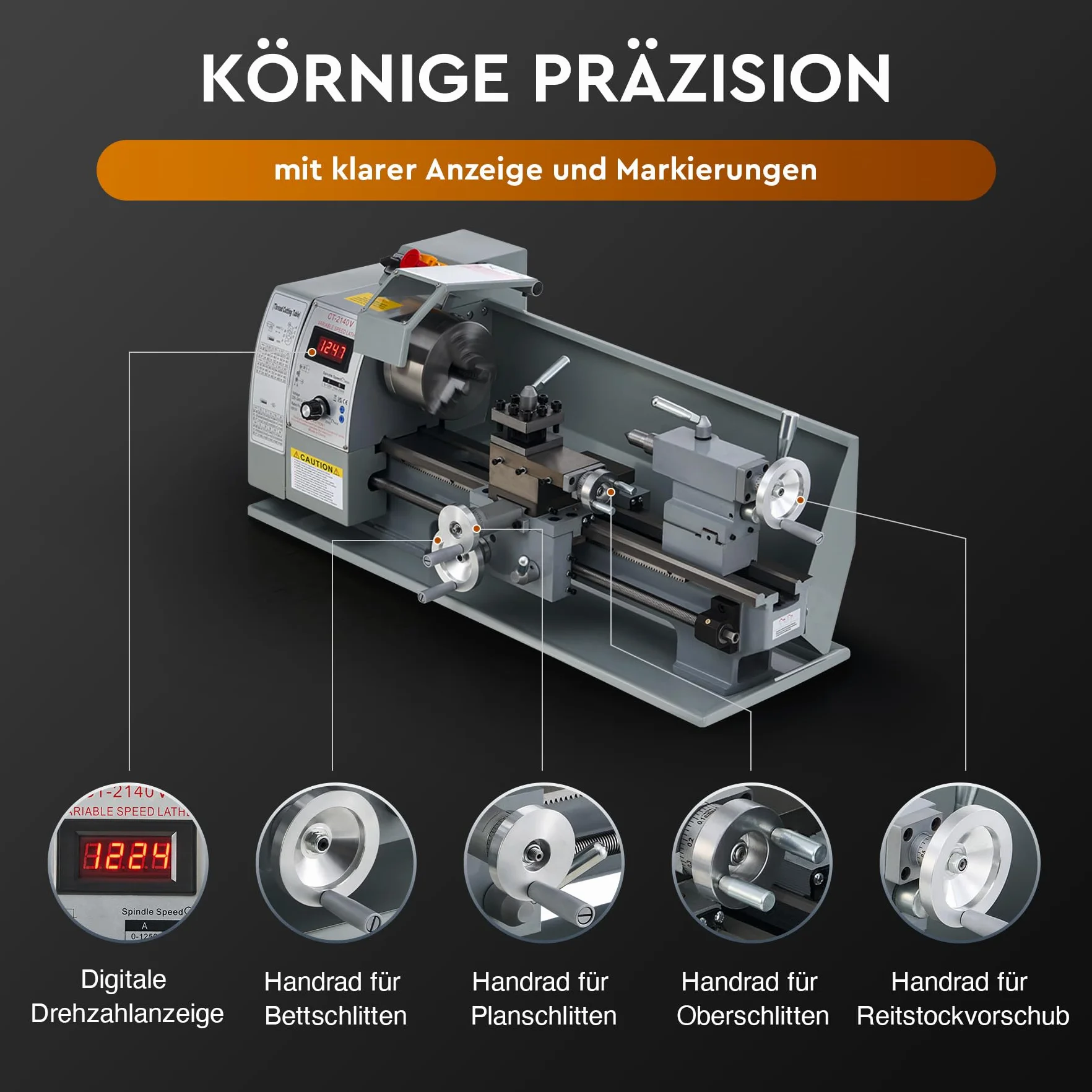 CREWORKS metalowa tokarka 750 W, tokarka 8x16 cali, stołowa tokarka 210x400 mm, tokarka metalowa 2500 obr./min, mini tokarka do metalu do precyzyjnej obróbki metalu, metalowa tokarka (8 x 16 cali)