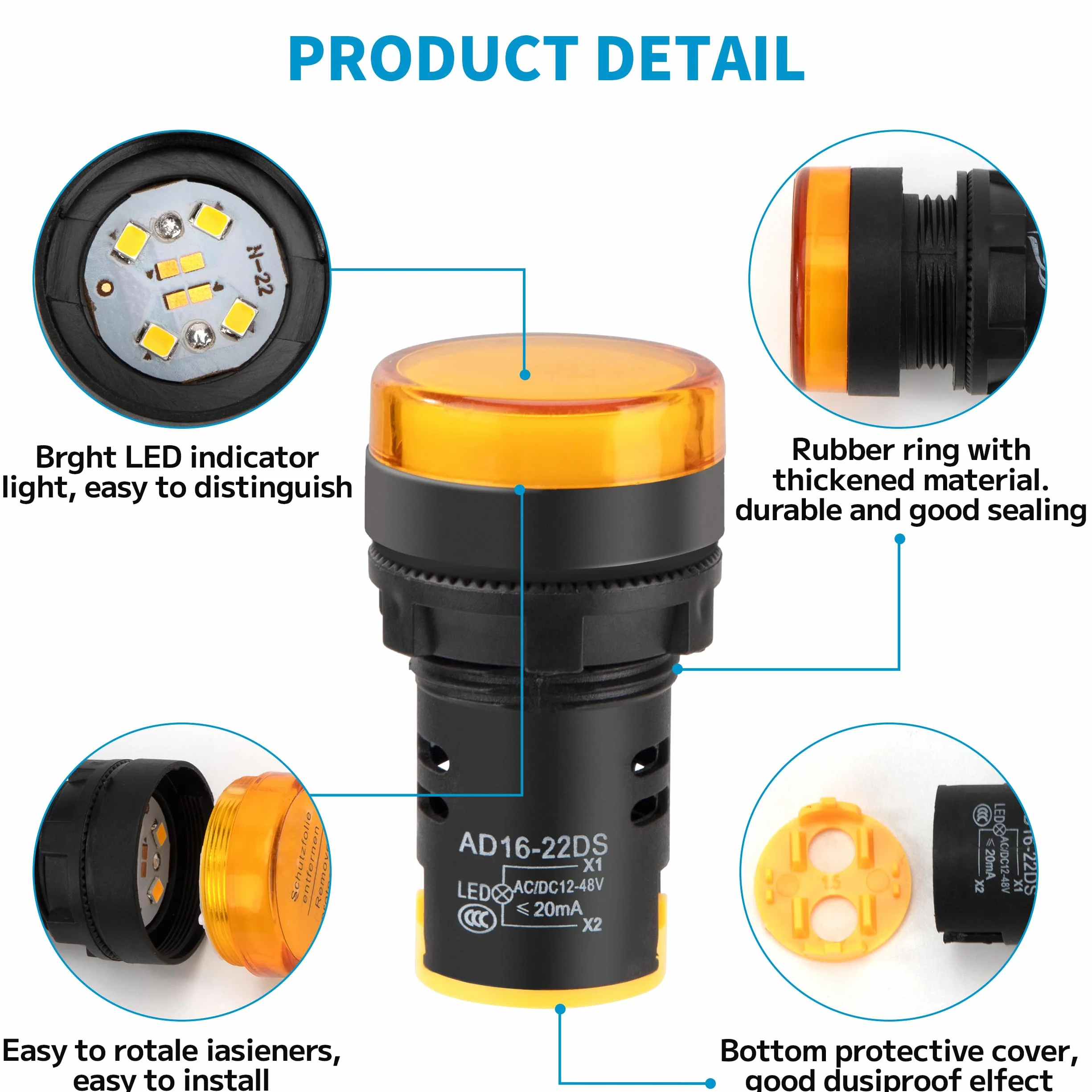 Wskaźnik LED 22mm AC DC 24V 20mA Czerwony Zielony Niebieski Pomarańczowy Biały 10 sztuk