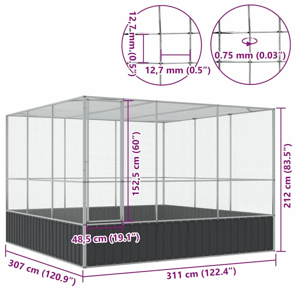 vidaXL Woliera, srebrna, 311x307x212 cm, stal