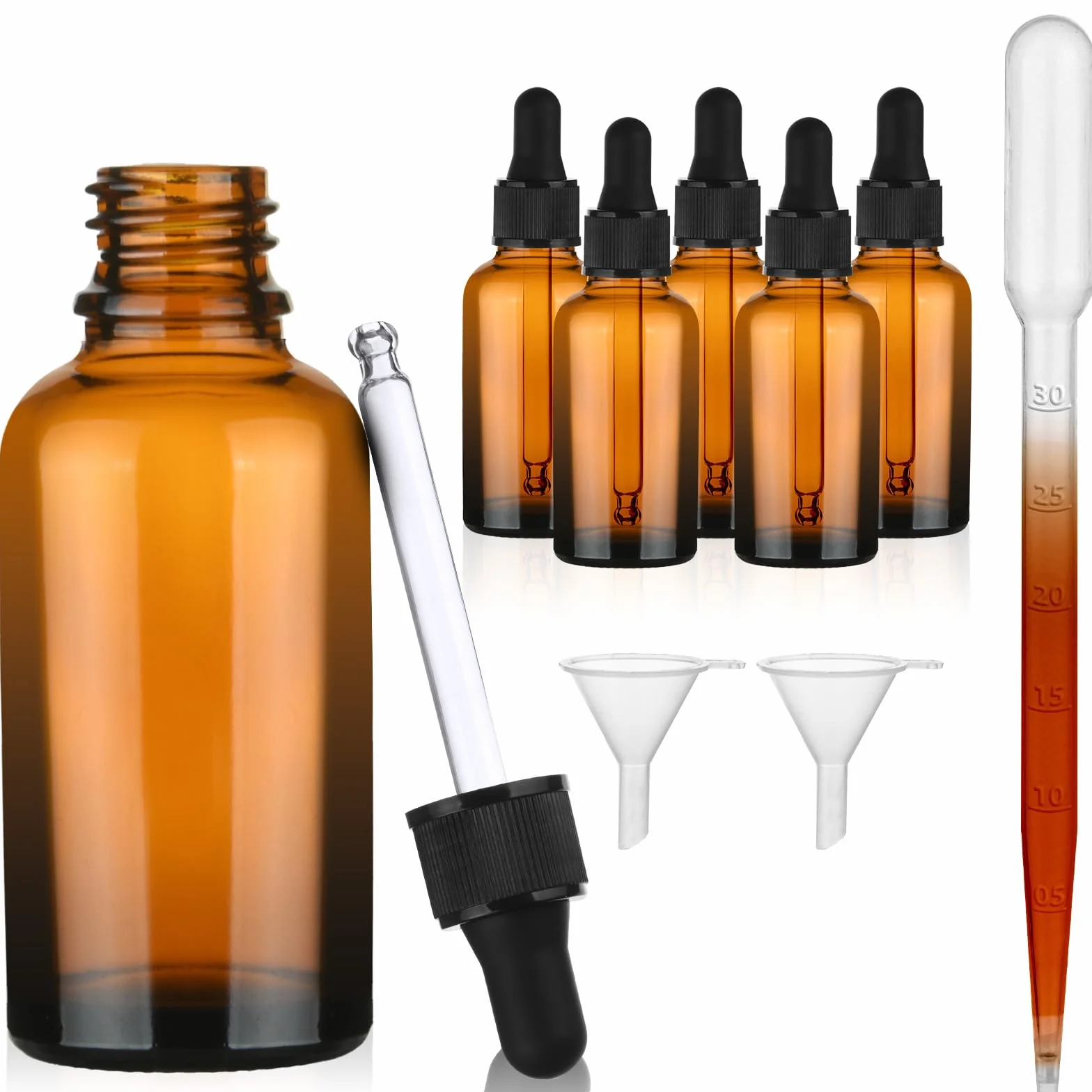 Zestaw butelek z zakraplaczem, 6 x 30 ml brązowe szklane butelki z zakraplaczem, mała pipeta ze szklaną pipetą, do laboratorium, olejków eterycznych, kosmetyków, aromaterapii