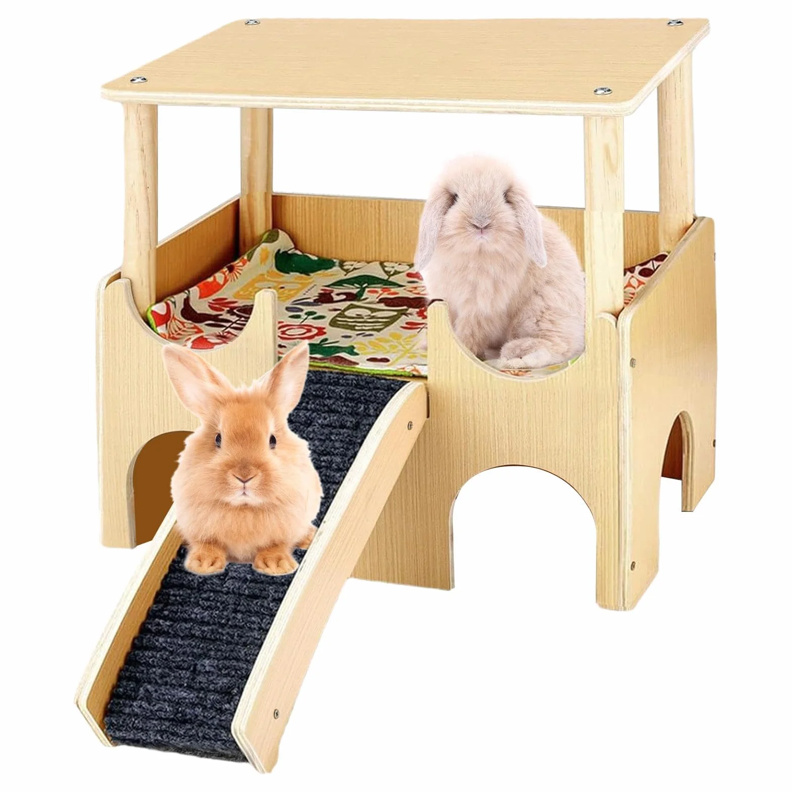 Dwuwarstwowy drewniany domek dla chomika z drabiną, idealny dla małych zwierząt. Zapewnia schronienie i miejsce do zabawy, chomiki, króliki, myszoskoczki, szynszyle przytulne