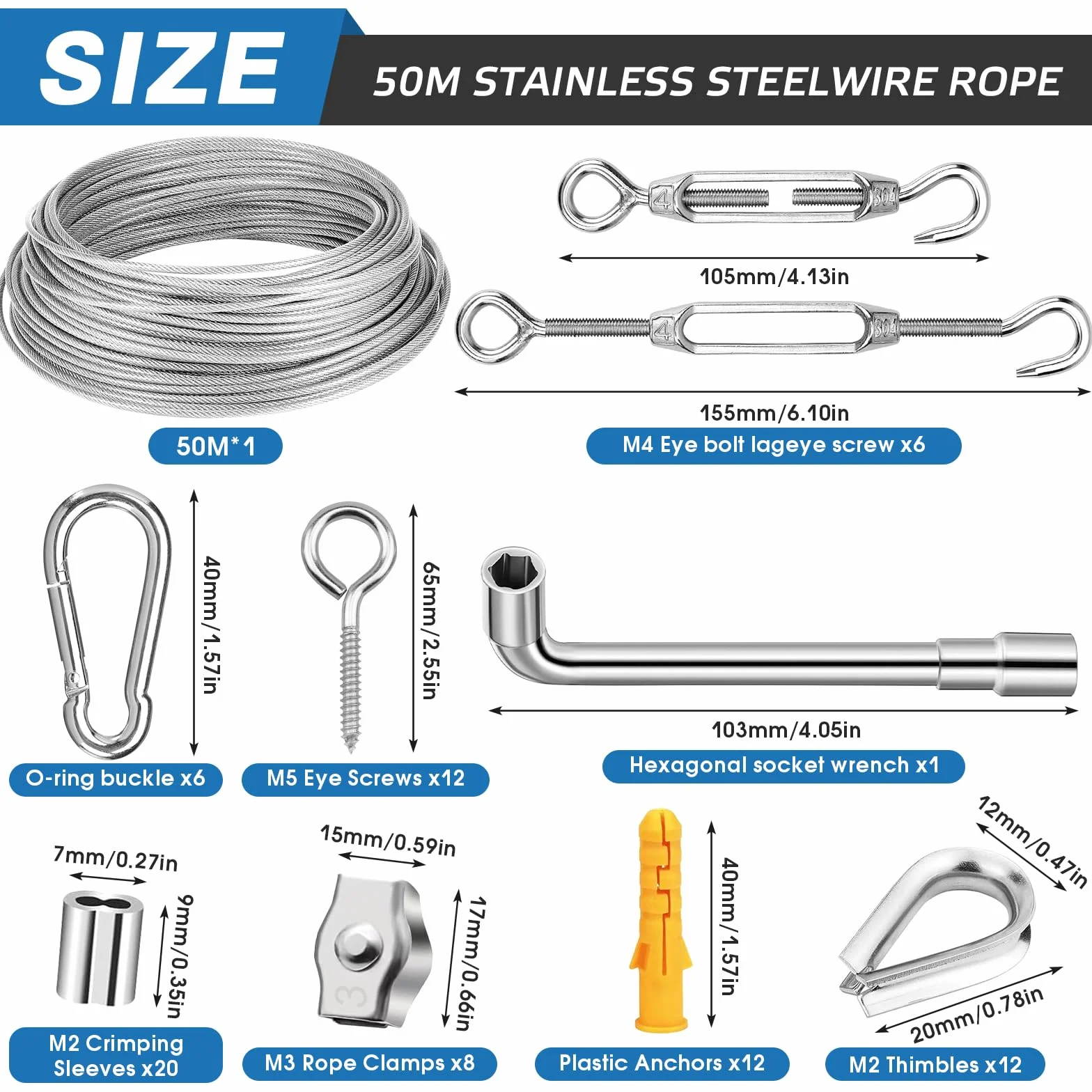 IIRC Zestaw linek drucianych 50 m, 2 mm, linka ze stali nierdzewnej, linka stalowa 2 mm, zestaw do zawieszenia, ogrodzenia, sznurka do bielizny, liny do firanek, roślin pnących, projektów DIY
