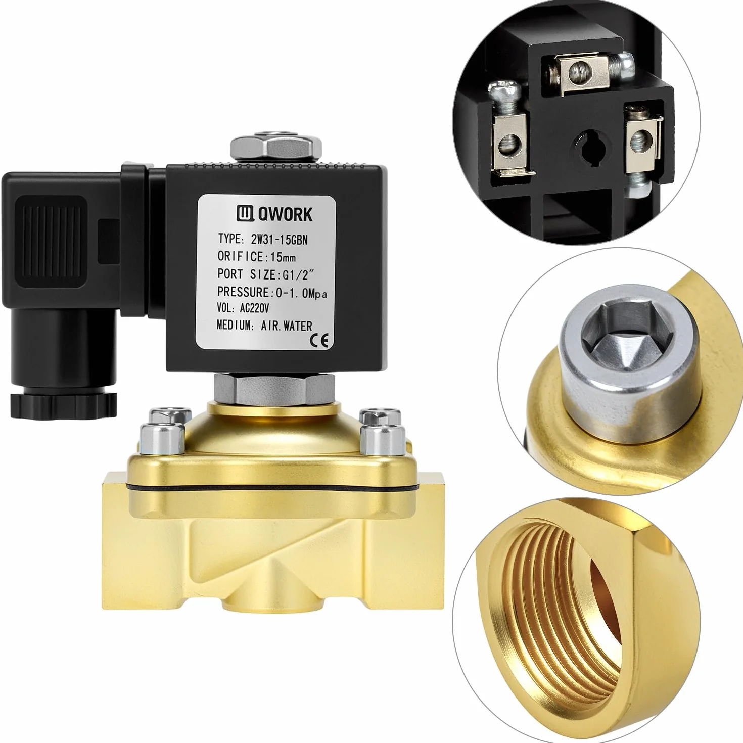 QWORK® Zawór elektromagnetyczny z mosiądzu, G1/2" 220V AC normalnie zamknięty zawór elektromagnetyczny, do wody, powietrza i oleju