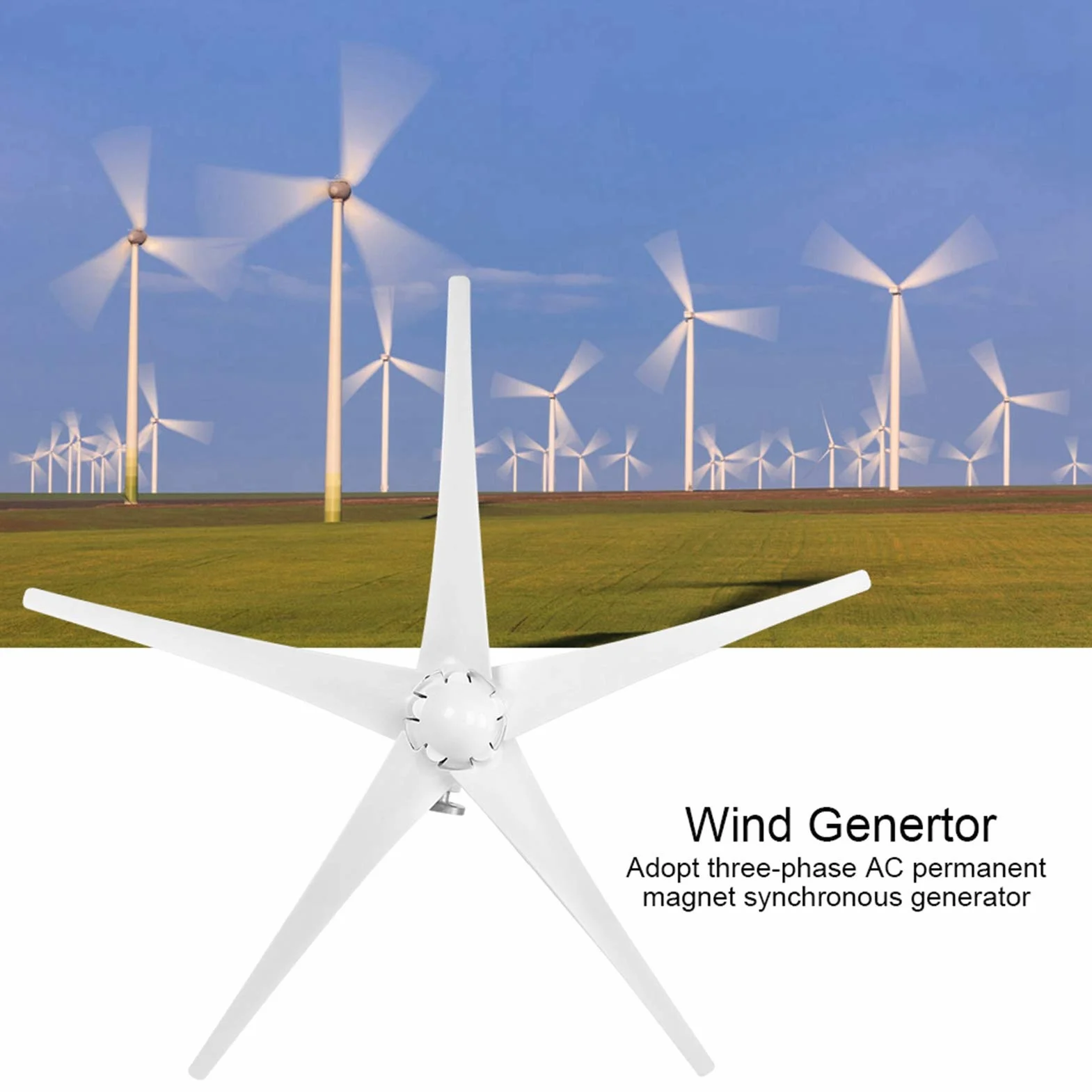 5-łopatkowy zestaw turbin wiatrowych, ostrze z włókna nylonowego, generator 800 W, automatyczna regulacja kąta kierunku wiatru (WHITE)