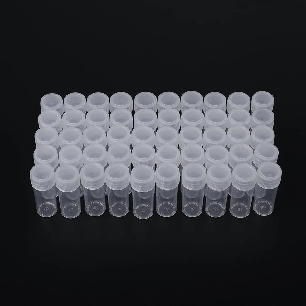 Plastikowe butelki na próbki 5 ml, opakowanie 50 sztuk, przezroczyste probówki naukowe z zakrętką