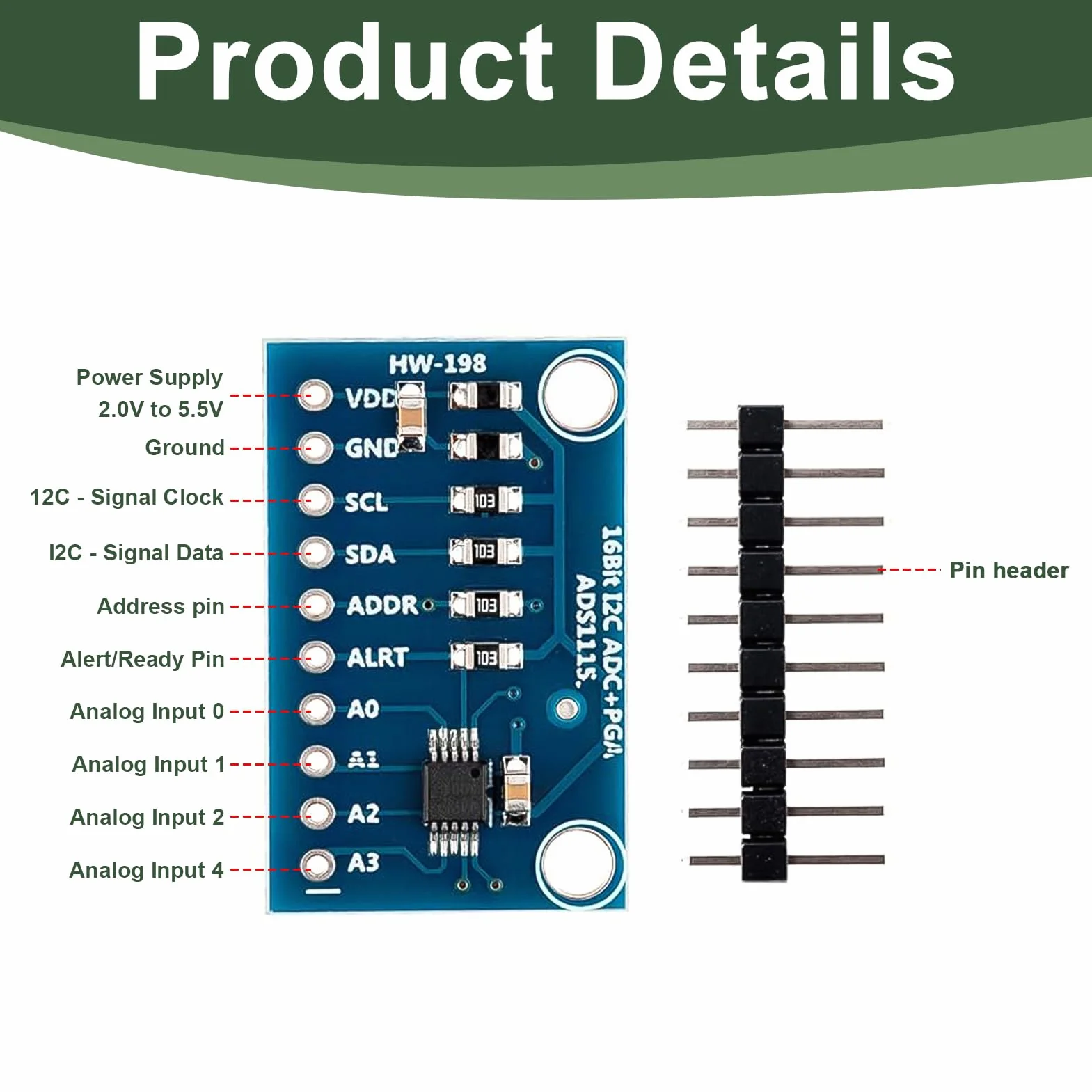 ADS1115 16-bitowy 4-kanałowy moduł I2C konwersja analogowo-cyfrowa 2.0-5.5V