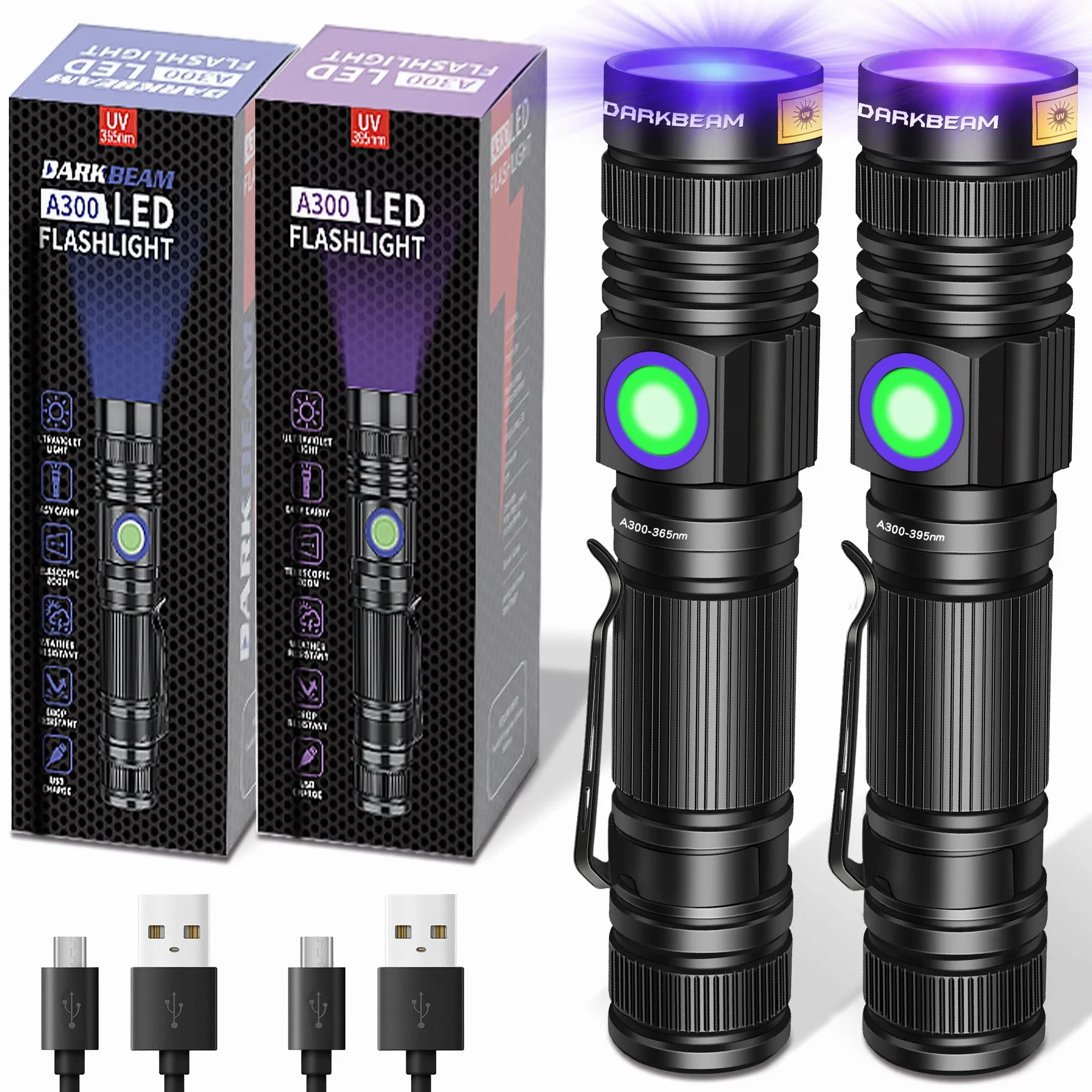 DARKBEAM Latarka UV 365 nm i 395 nm Blacklight ładowalna USB, lampa Wooda, ultrafioletowe czarne światło LED, przenośna, wykrywacz moczu zwierząt domowych, kotów, plam, utwardzania żywicy, szkła